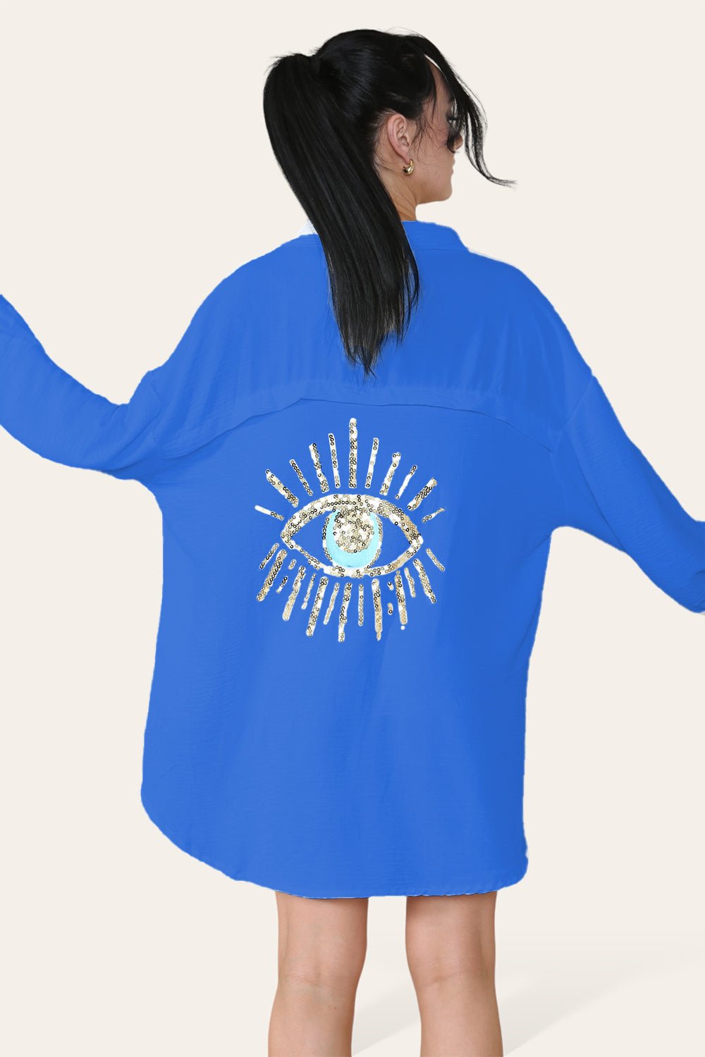 Oversized Long Sleeve Gold Sequin Eye Button Up Shirt Top & Bodysuit WearAll Royal Blue One Size (8-16)