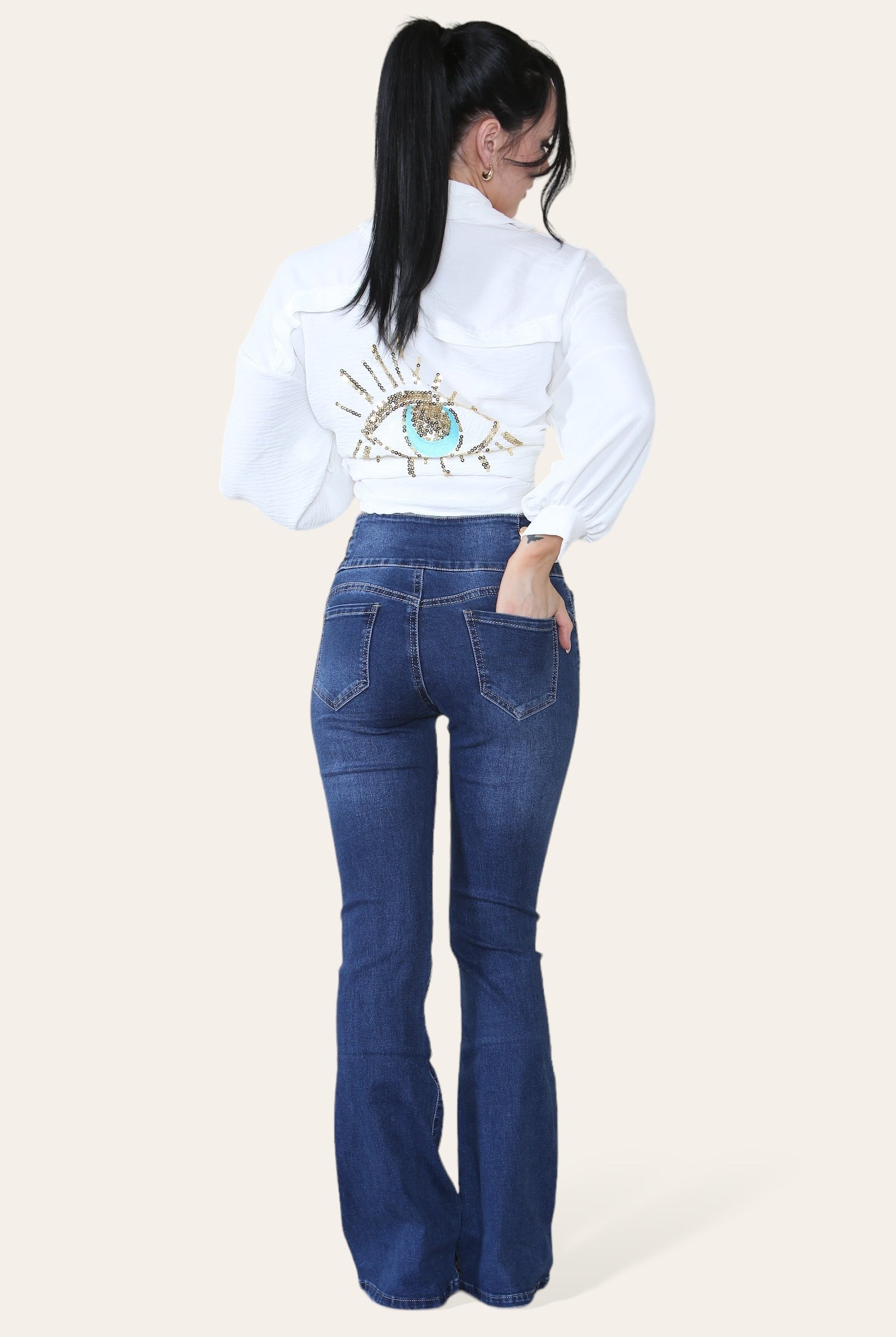 Oversized Long Sleeve Gold Sequin Eye Button Up Shirt Top & Bodysuit WearAll