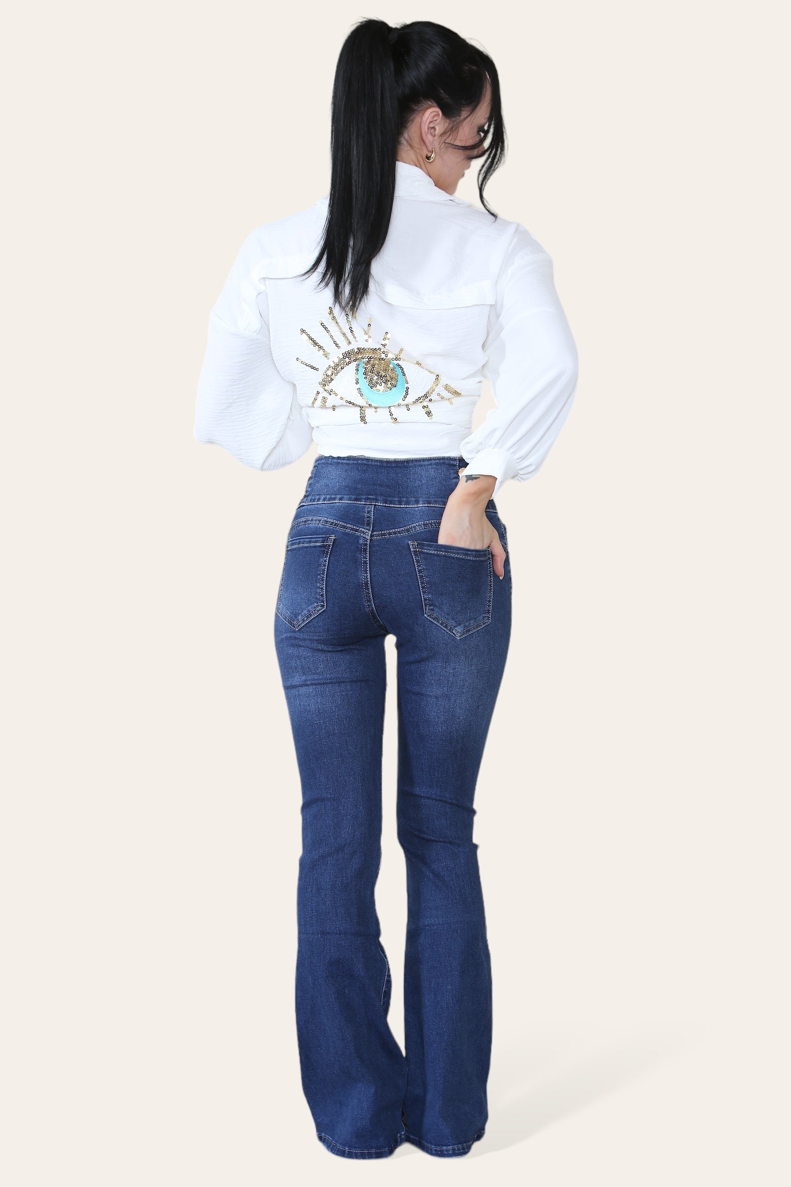 Oversized Long Sleeve Gold Sequin Eye Button Up Shirt Top & Bodysuit WearAll