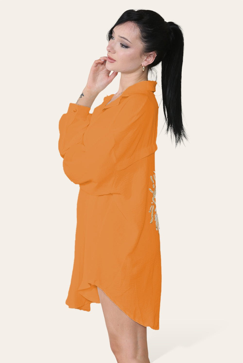 Oversized Long Sleeve Gold Sequin Eye Button Up Shirt Top & Bodysuit WearAll Orange One Size (8-16)