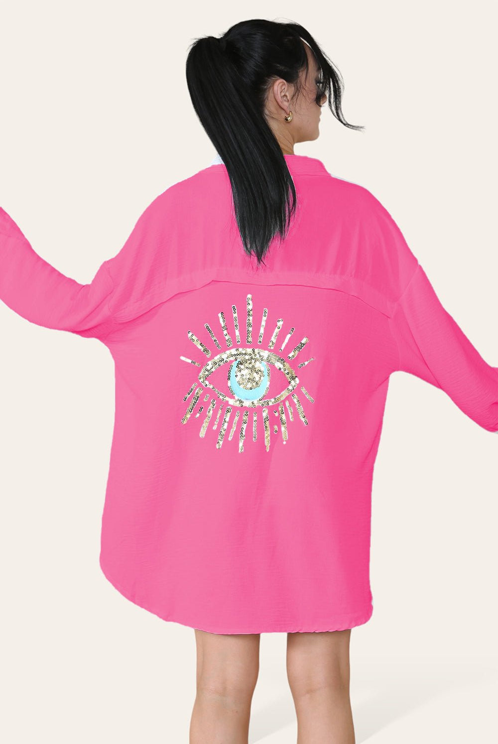 Oversized Long Sleeve Gold Sequin Eye Button Up Shirt Top & Bodysuit WearAll Fuchsia One Size (8-16)