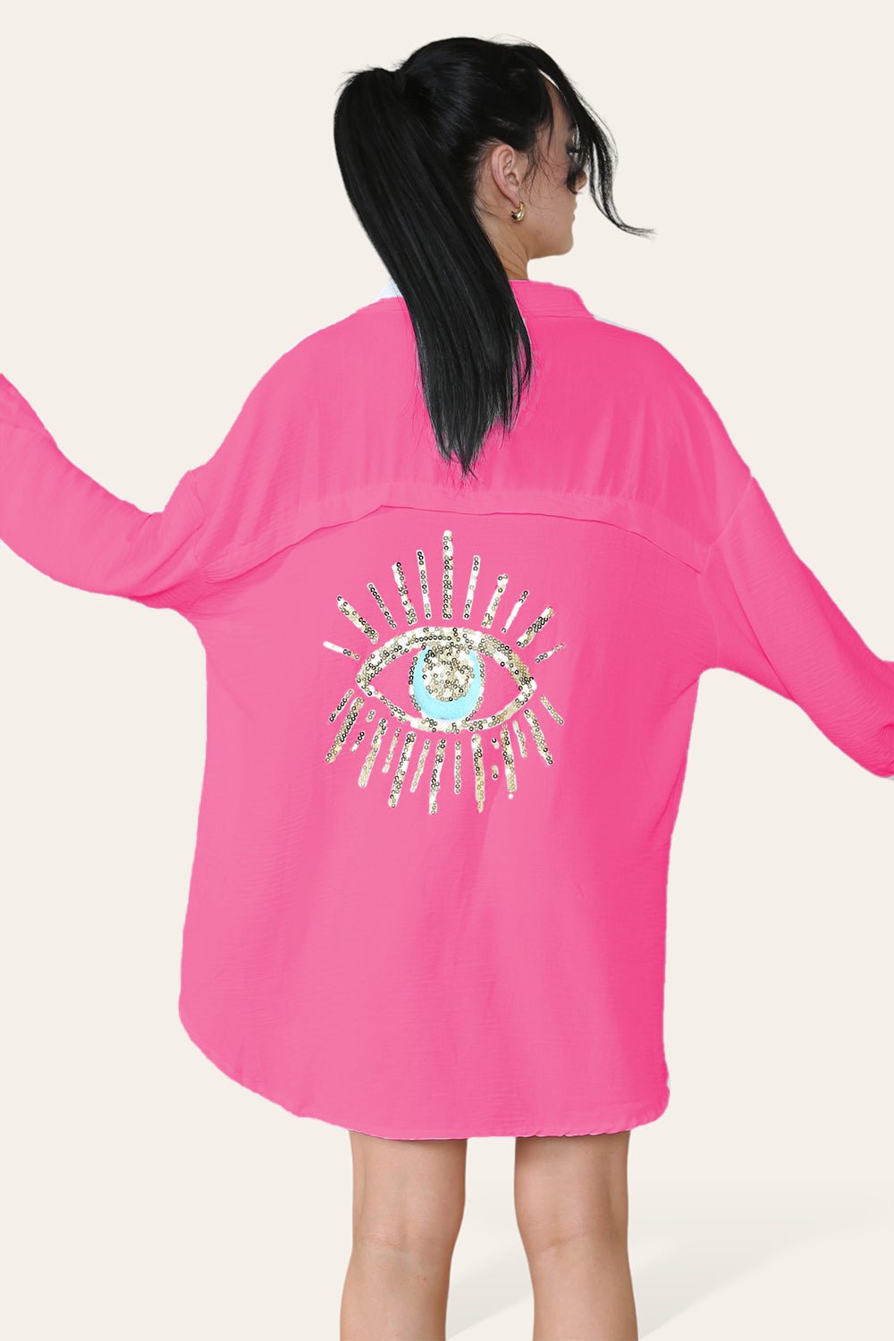 Oversized Long Sleeve Gold Sequin Eye Button Up Shirt Top & Bodysuit WearAll Fuchsia One Size (8-16)