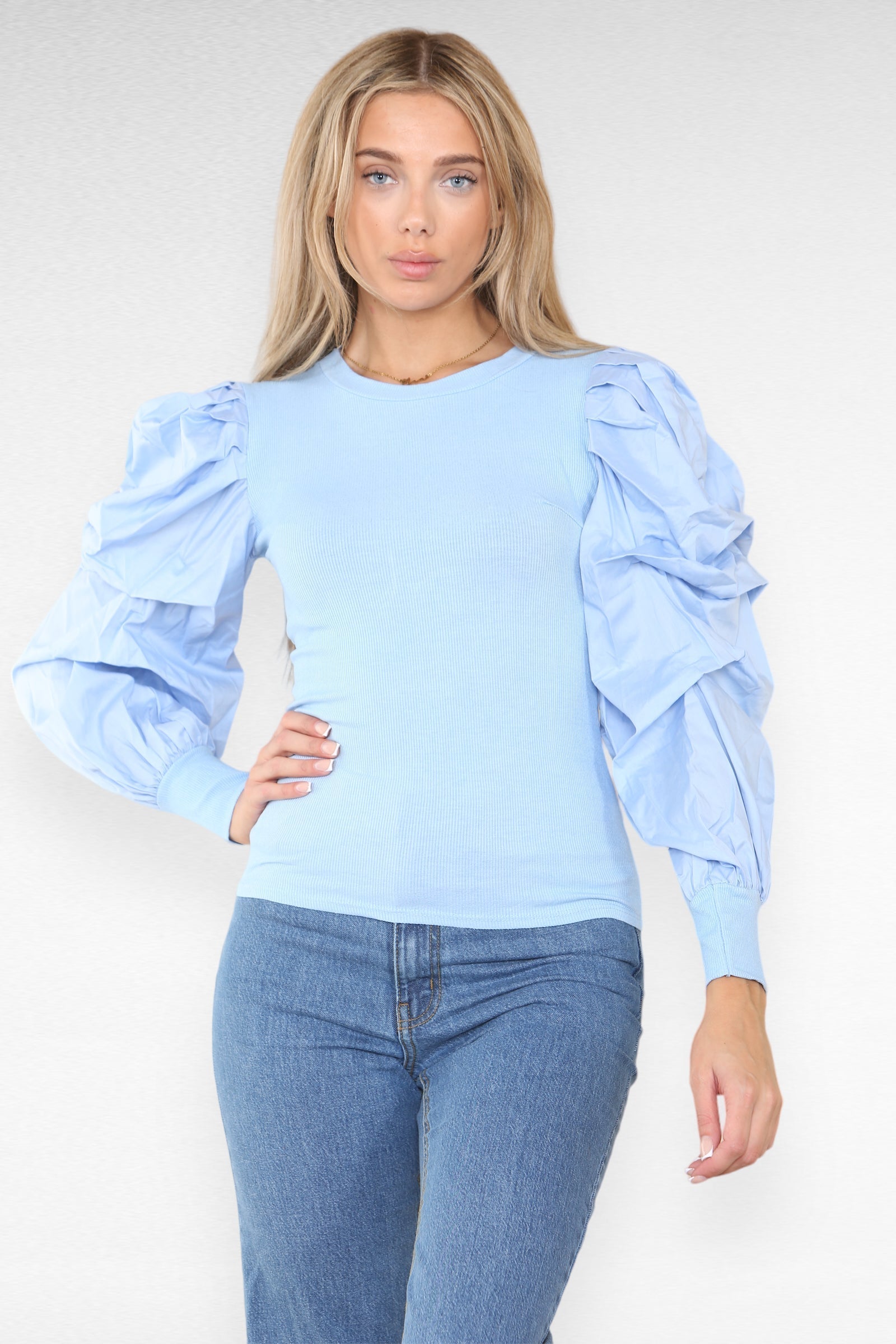 Oversized Puff Sleeves Ribbed Top Top & Bodysuit WearAll Sky Blue 6-8