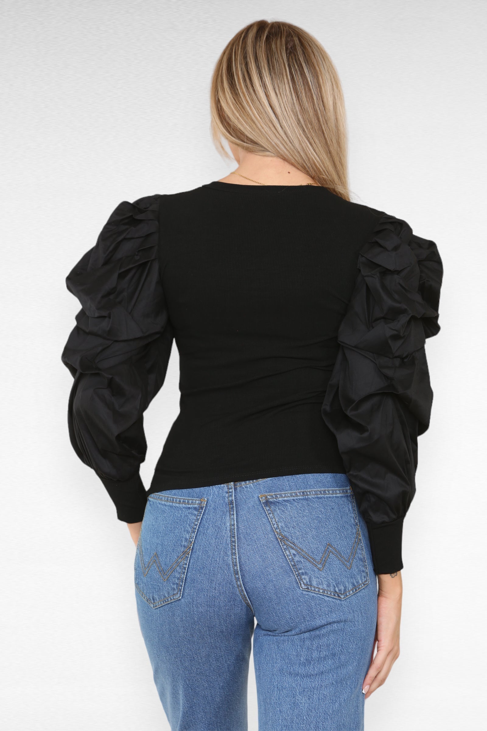 Oversized Puff Sleeves Ribbed Top Top & Bodysuit WearAll