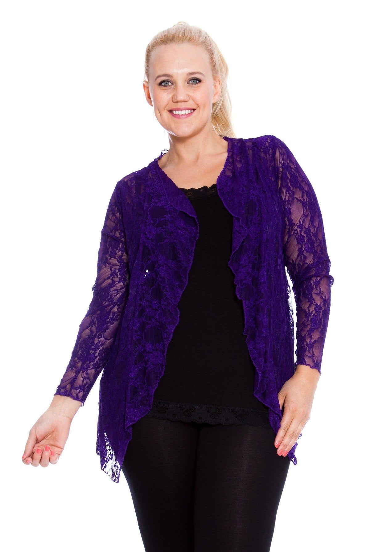 Floral Lace Open Cardigan Waterfall Top Tops WearAll Purple 14