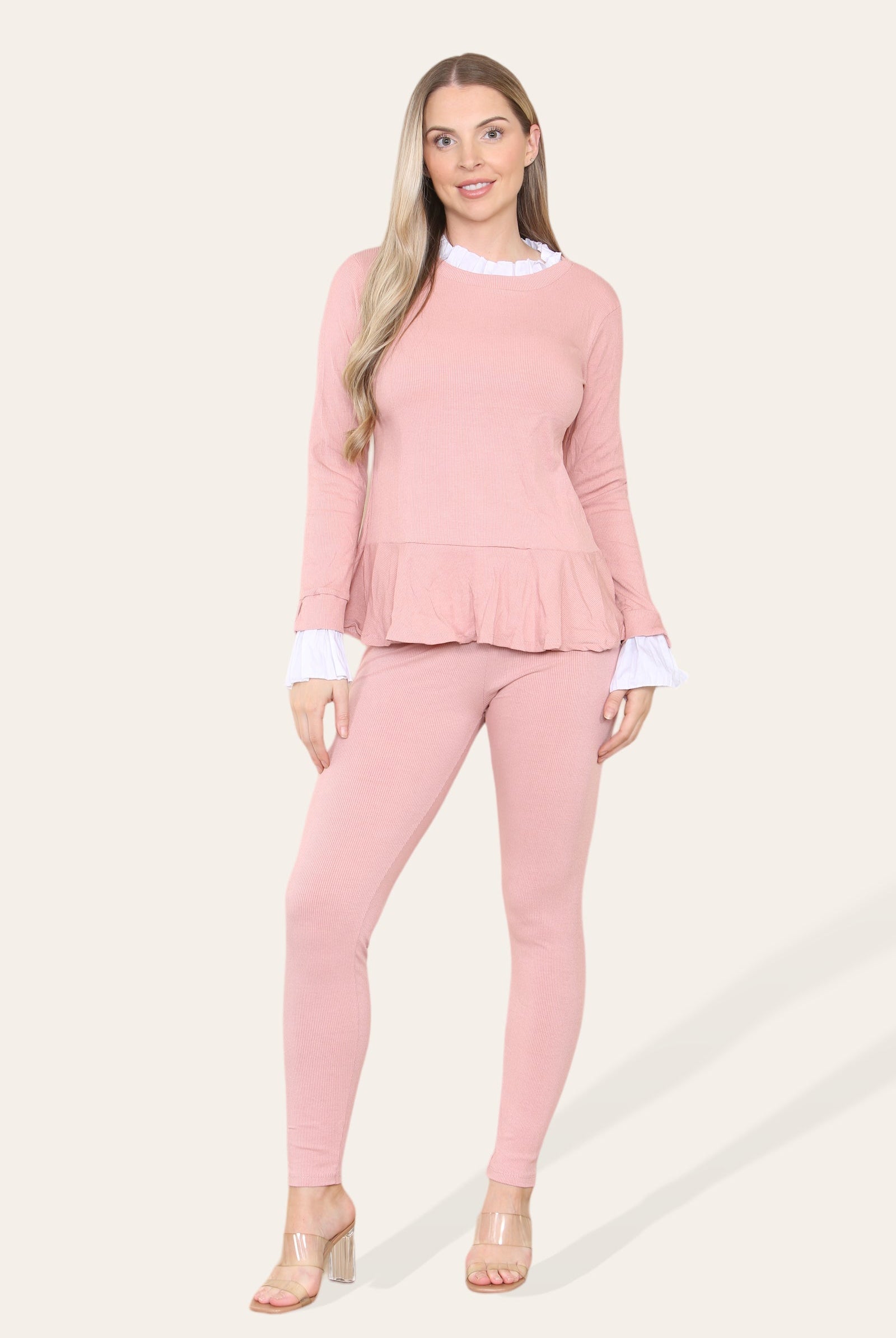 Peplum Frill Neck Suit Pleated Lounge Wear Set Loungewear WearAll Dusty 8-10
