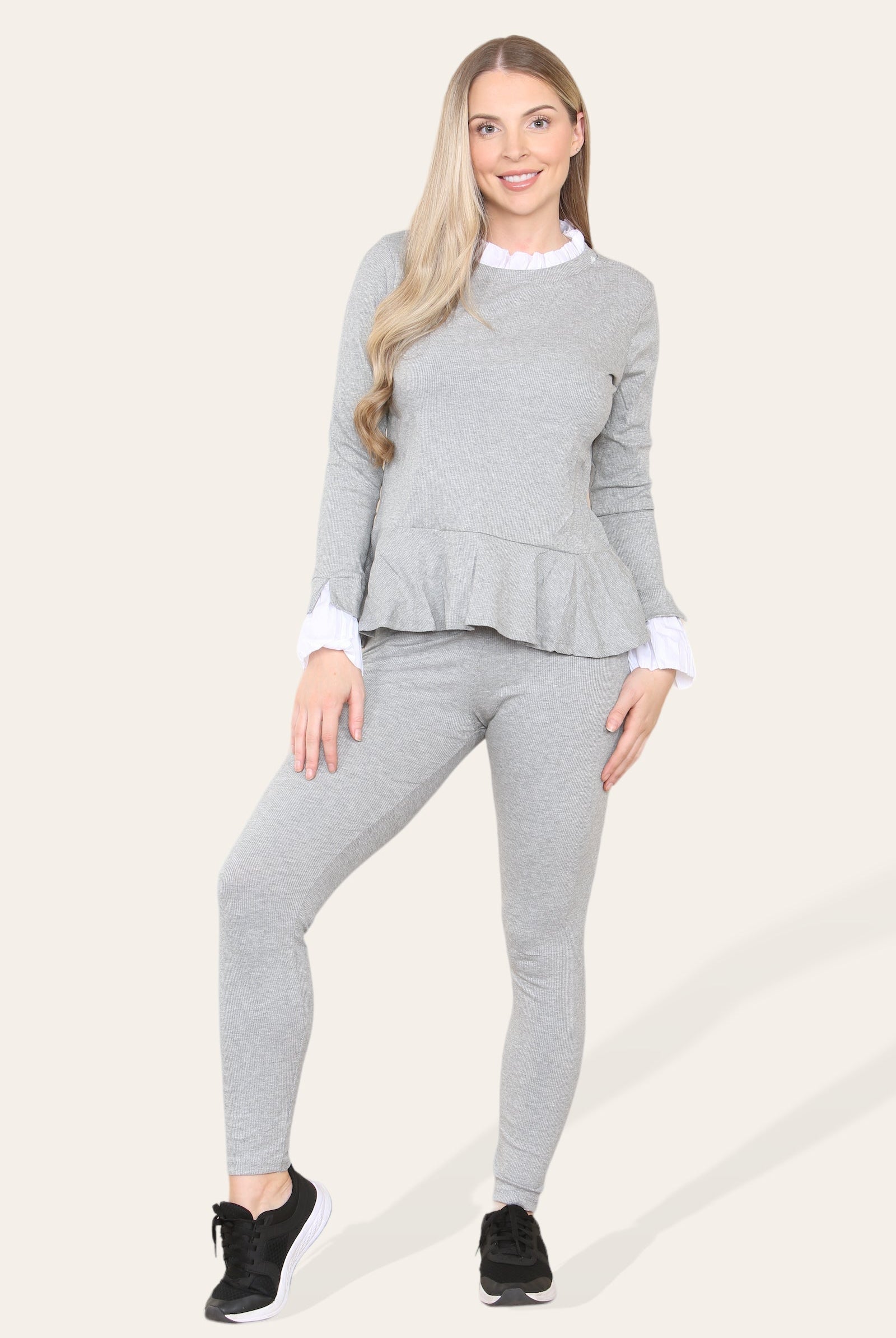 Peplum Frill Neck Suit Pleated Lounge Wear Set Loungewear WearAll Grey 8-10