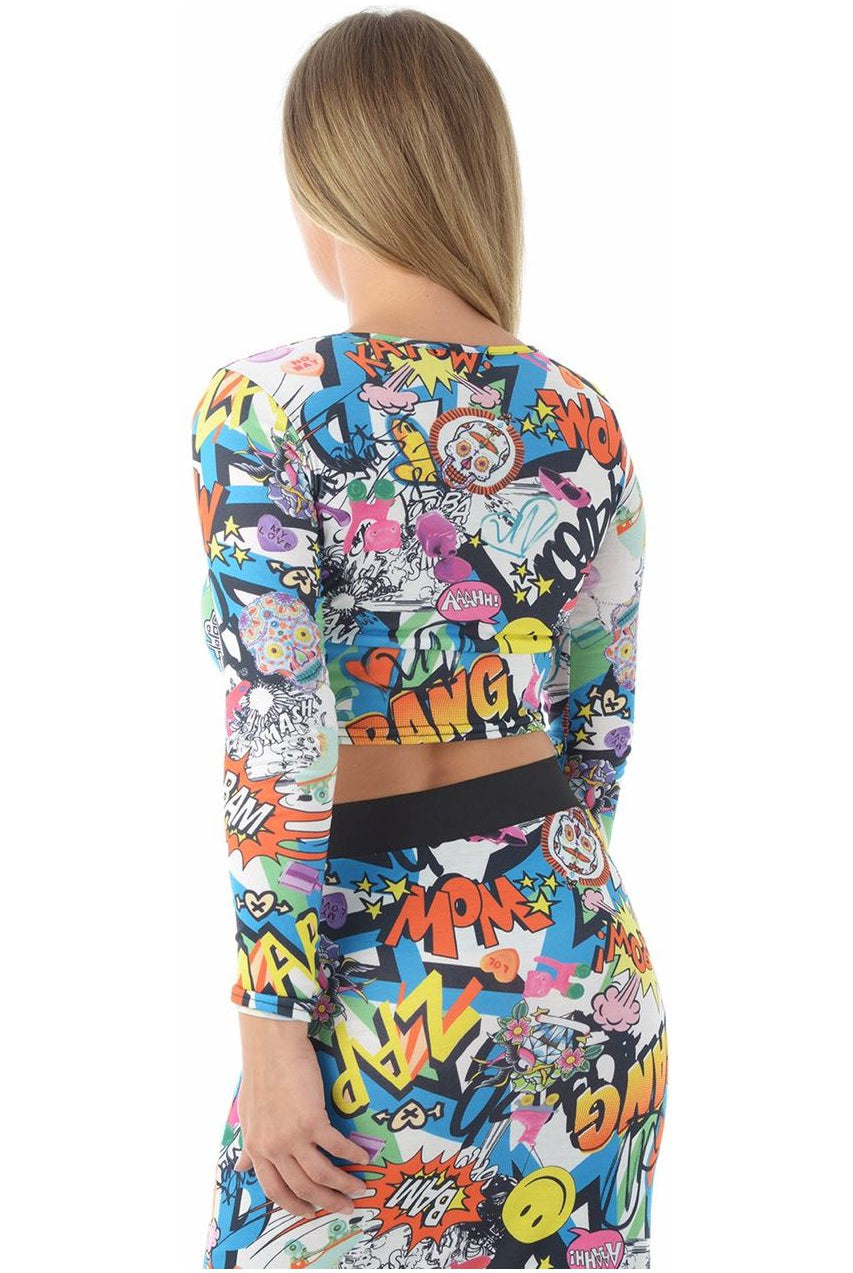 Long Sleeve Printed Crop Tops - Comic Tops WearAll