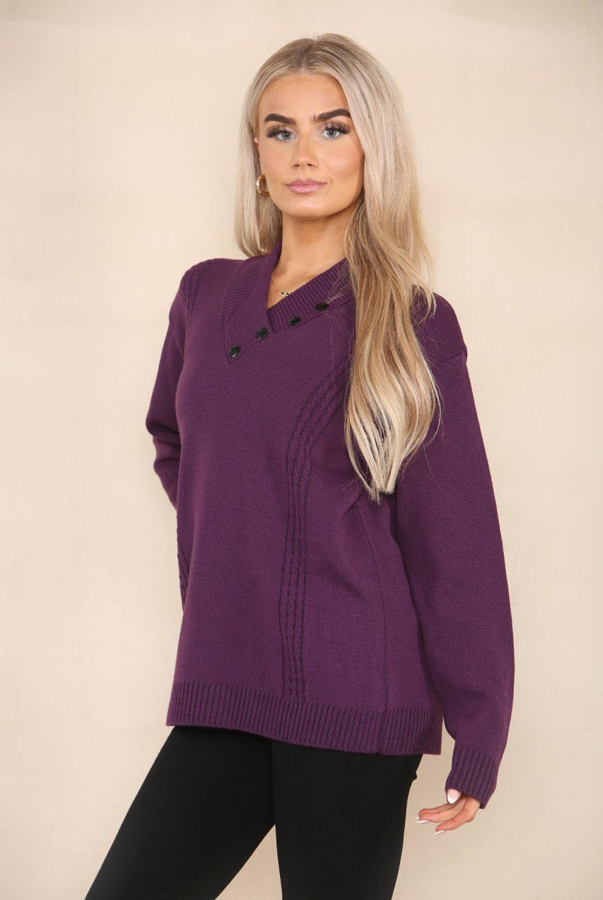 V Neck Cable Knitted Jumper Jumper WearAll Purple 8