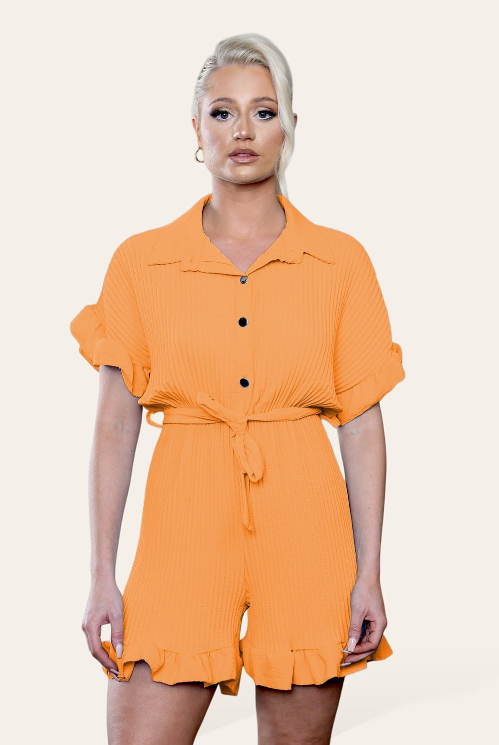 Pleated Ruffle Shirt Short Playsuit With Frill Hems Playsuits & Jumpsuits WearAll Orange One Size UK Fit (8-16)