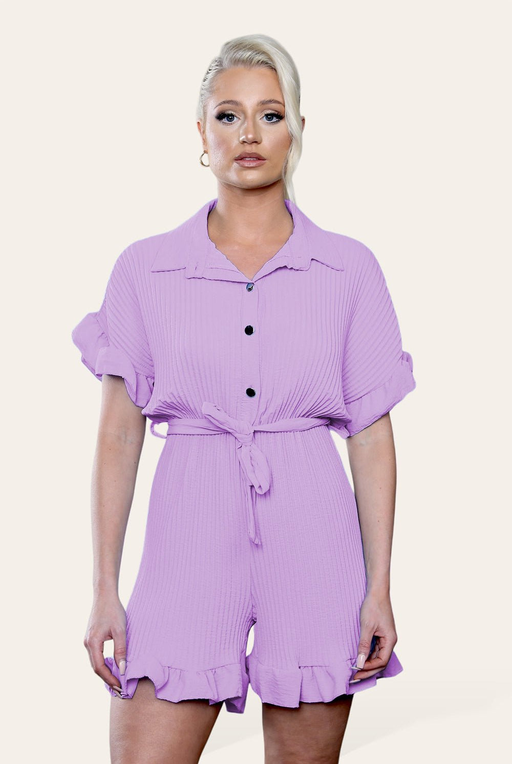 Pleated Ruffle Shirt Short Playsuit With Frill Hems Playsuits & Jumpsuits WearAll Lilac One Size UK Fit (8-16)