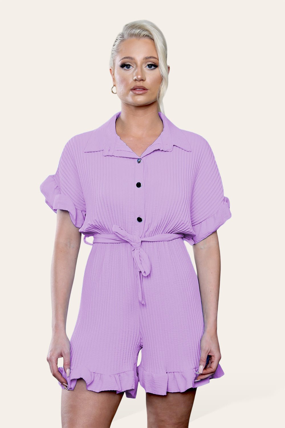 Pleated Ruffle Shirt Short Playsuit With Frill Hems Playsuits & Jumpsuits WearAll Lilac One Size UK Fit (8-16)