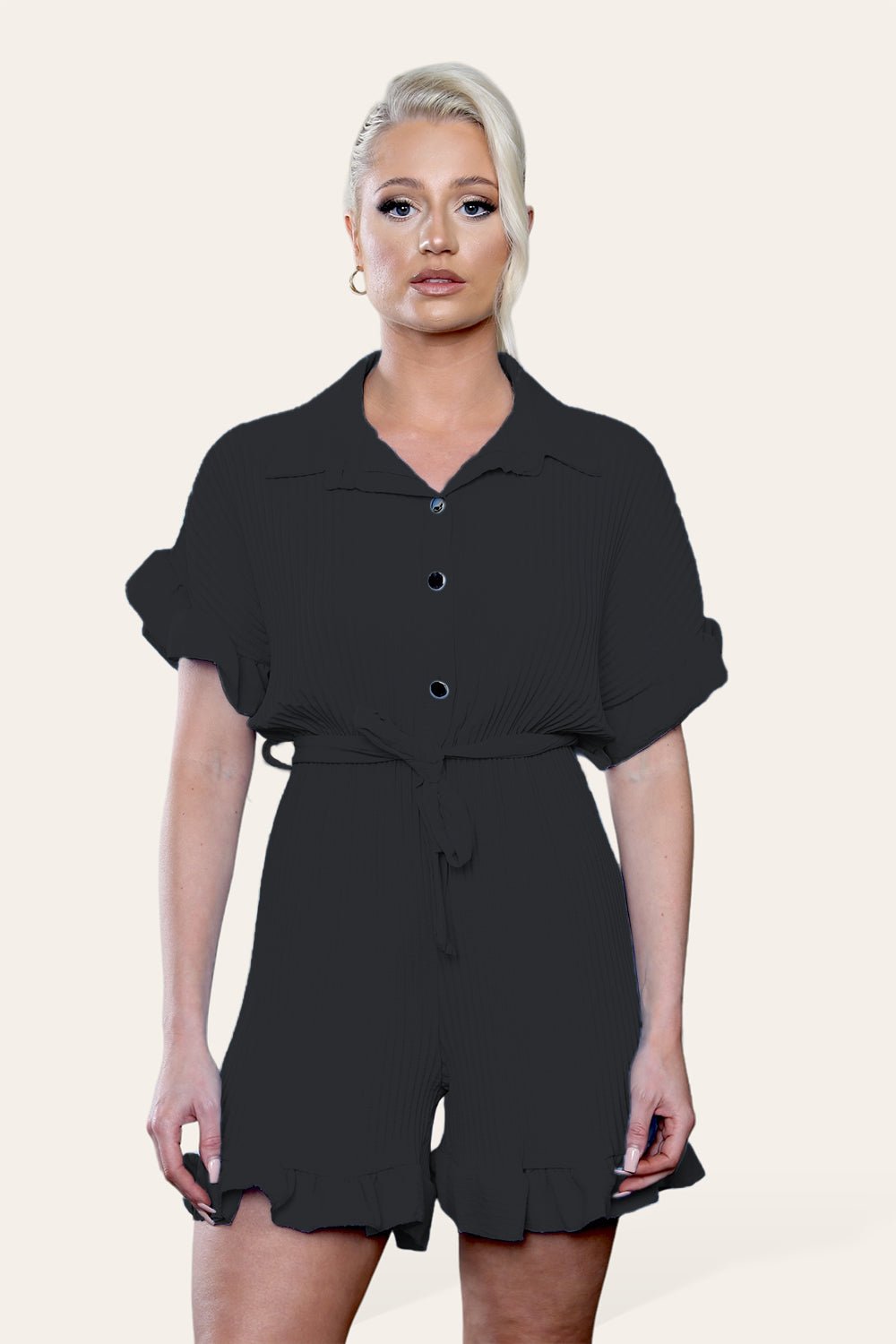 Pleated Ruffle Shirt Short Playsuit With Frill Hems Playsuits & Jumpsuits WearAll Black One Size UK Fit (8-16)