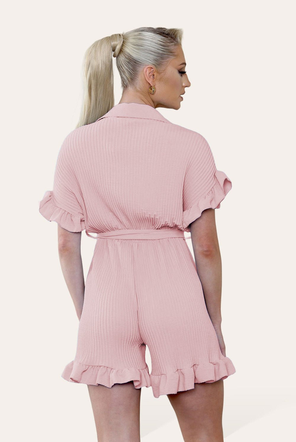 Pleated Ruffle Shirt Short Playsuit With Frill Hems Playsuits & Jumpsuits WearAll Nude Pink One Size UK Fit (8-16)