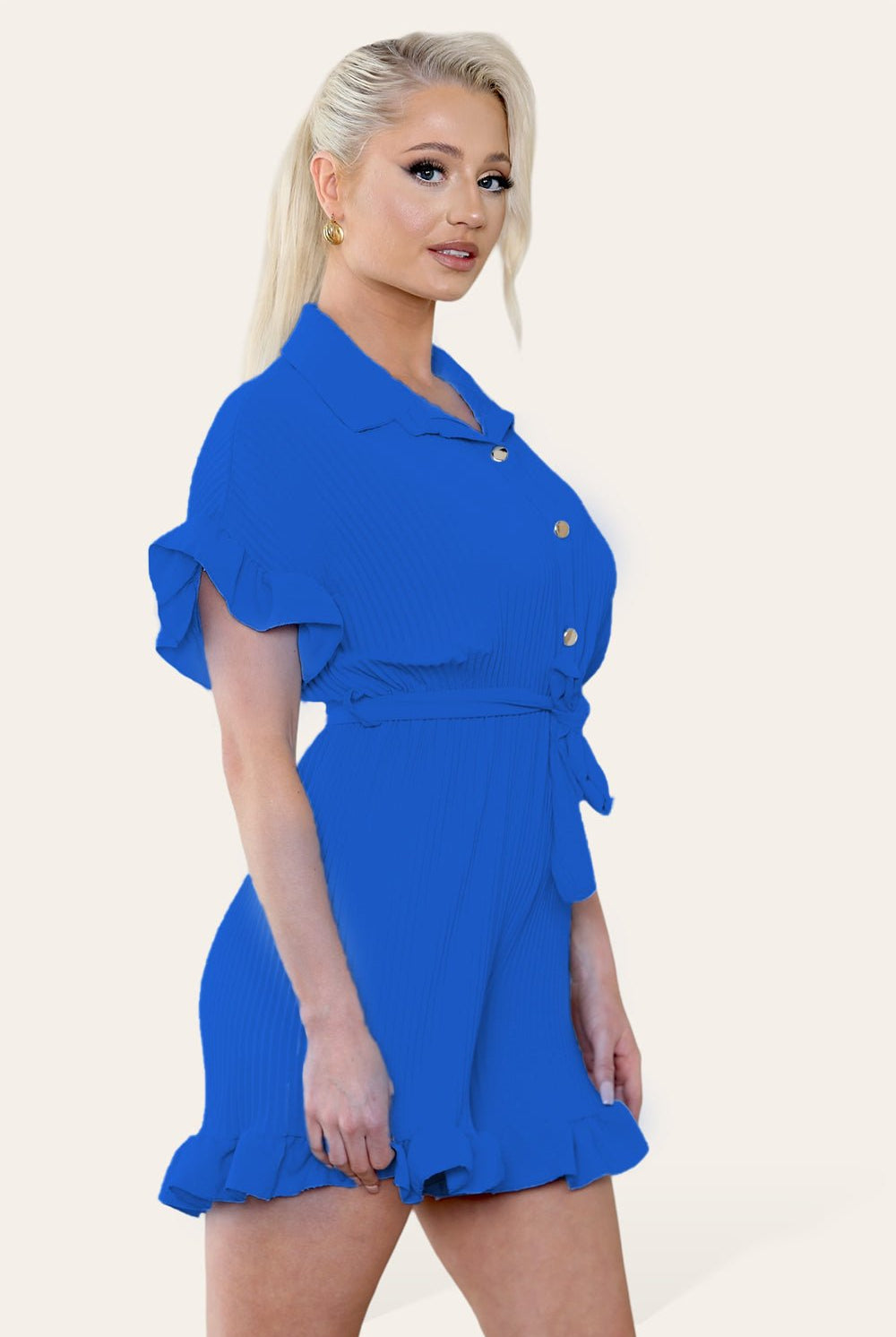 Pleated Ruffle Shirt Short Playsuit With Frill Hems Playsuits & Jumpsuits WearAll Royal Blue One Size UK Fit (8-16)