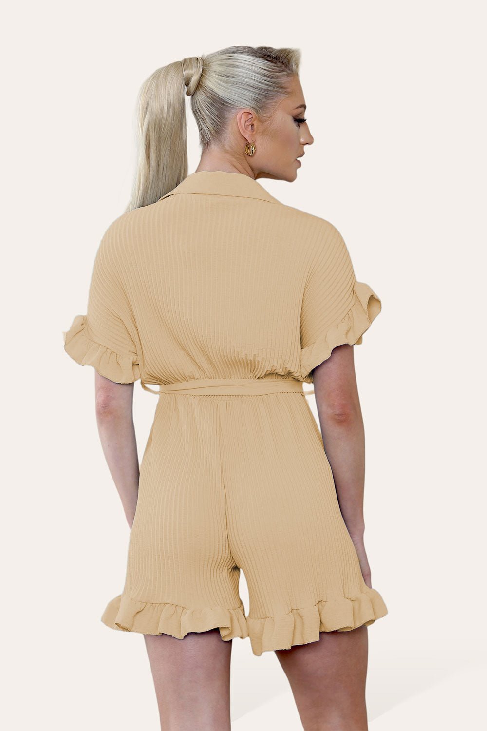 Pleated Ruffle Shirt Short Playsuit With Frill Hems Playsuits & Jumpsuits WearAll Camel One Size UK Fit (8-16)