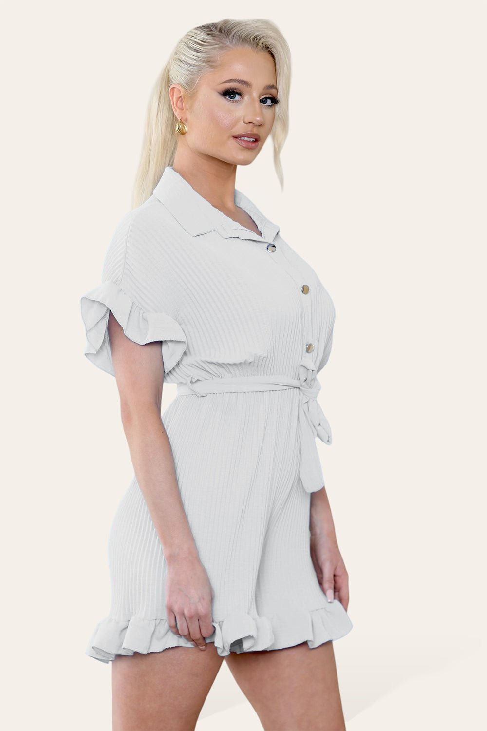 Pleated Ruffle Shirt Short Playsuit With Frill Hems Playsuits & Jumpsuits WearAll White One Size UK Fit (8-16)