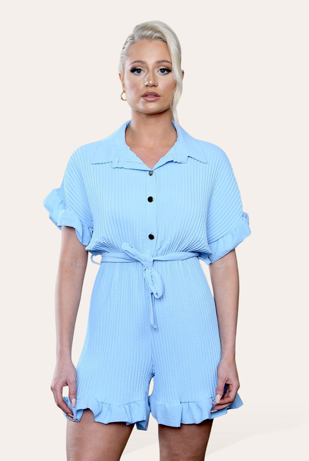 Pleated Ruffle Shirt Short Playsuit With Frill Hems Playsuits & Jumpsuits WearAll Sky Blue One Size UK Fit (8-16)