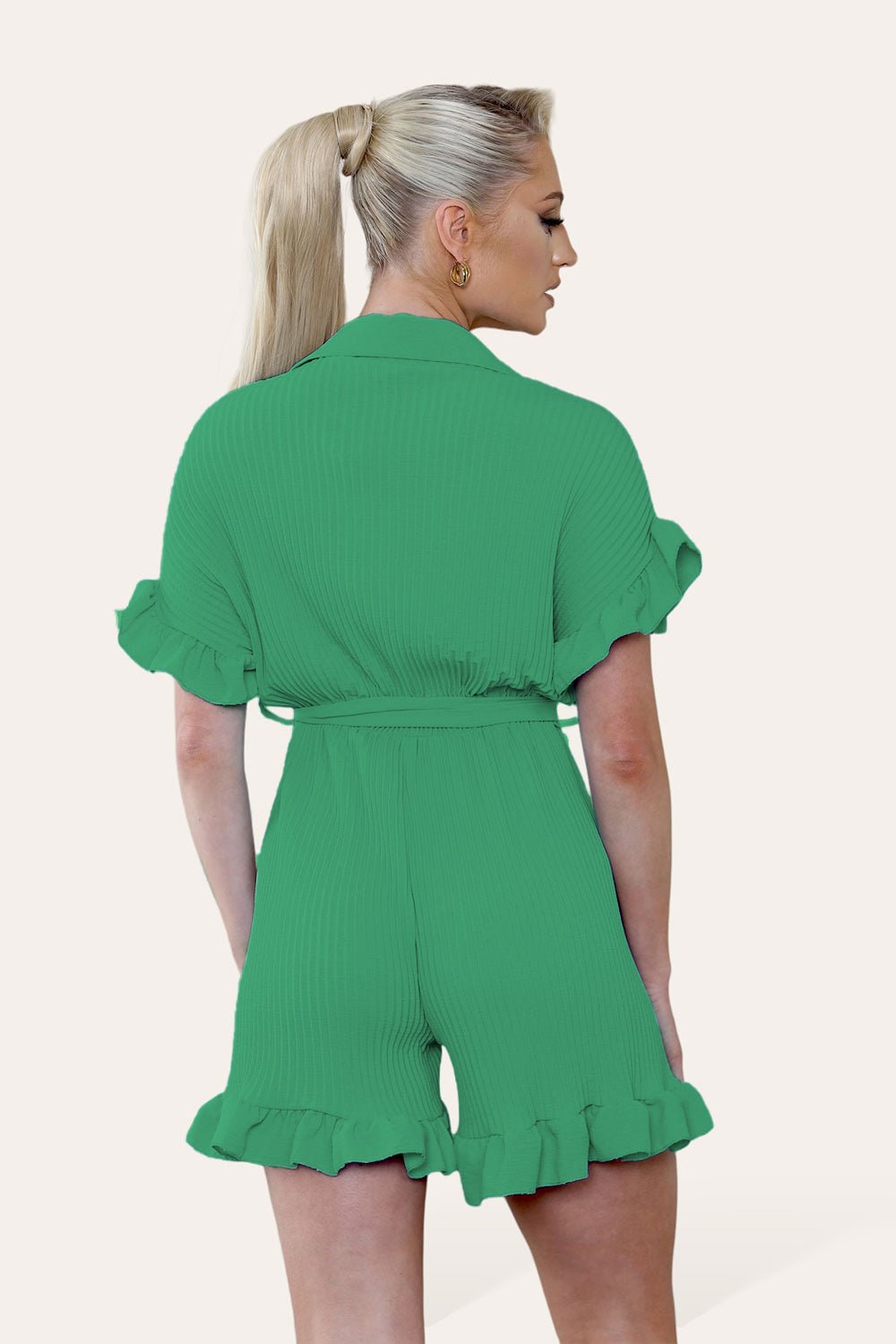 Pleated Ruffle Shirt Short Playsuit With Frill Hems Playsuits & Jumpsuits WearAll Jade Green One Size UK Fit (8-16)
