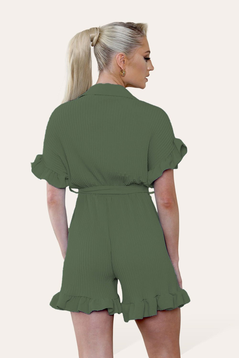 Pleated Ruffle Shirt Short Playsuit With Frill Hems Playsuits & Jumpsuits WearAll Khaki One Size UK Fit (8-16)