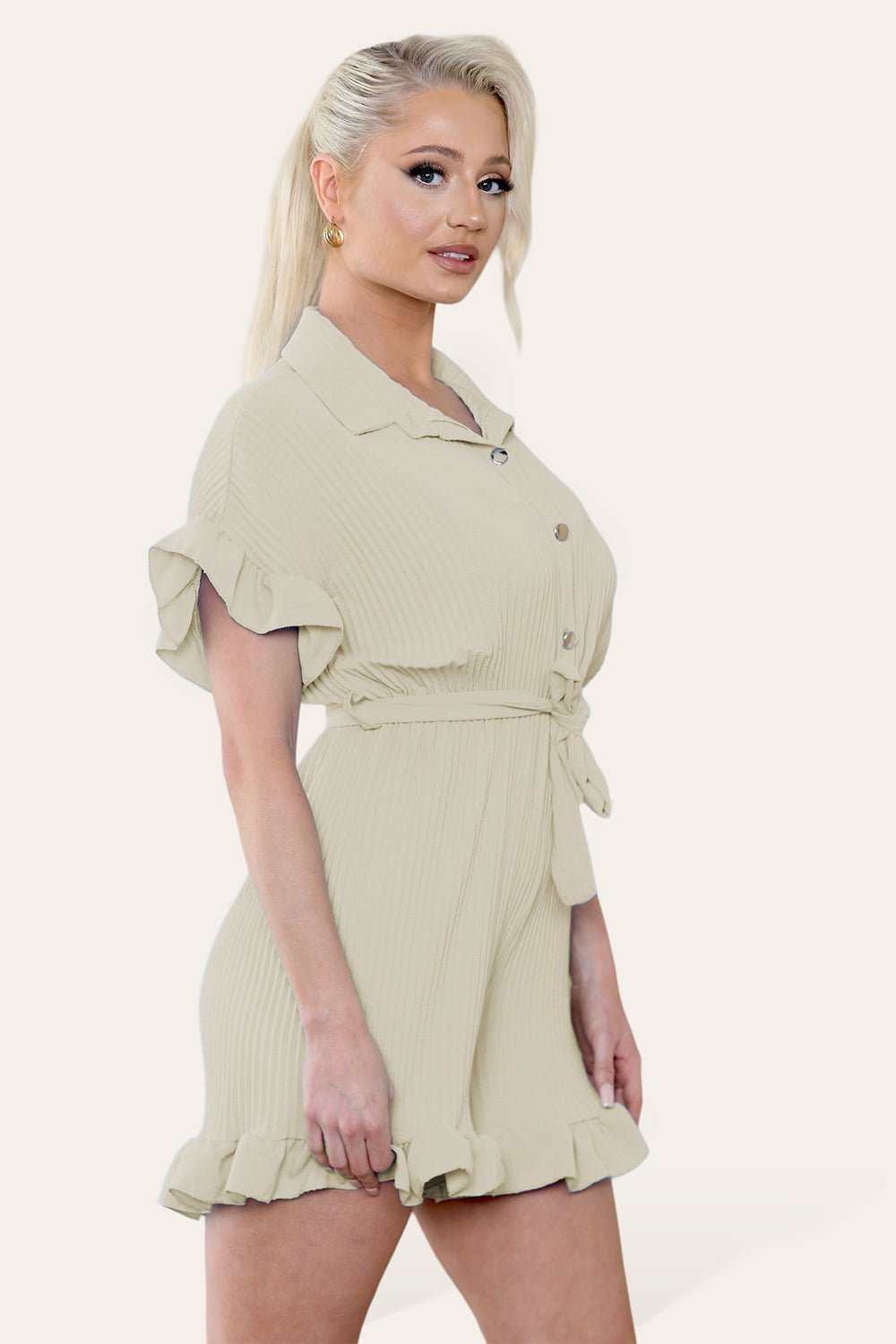 Pleated Ruffle Shirt Short Playsuit With Frill Hems Playsuits & Jumpsuits WearAll Beige One Size UK Fit (8-16)