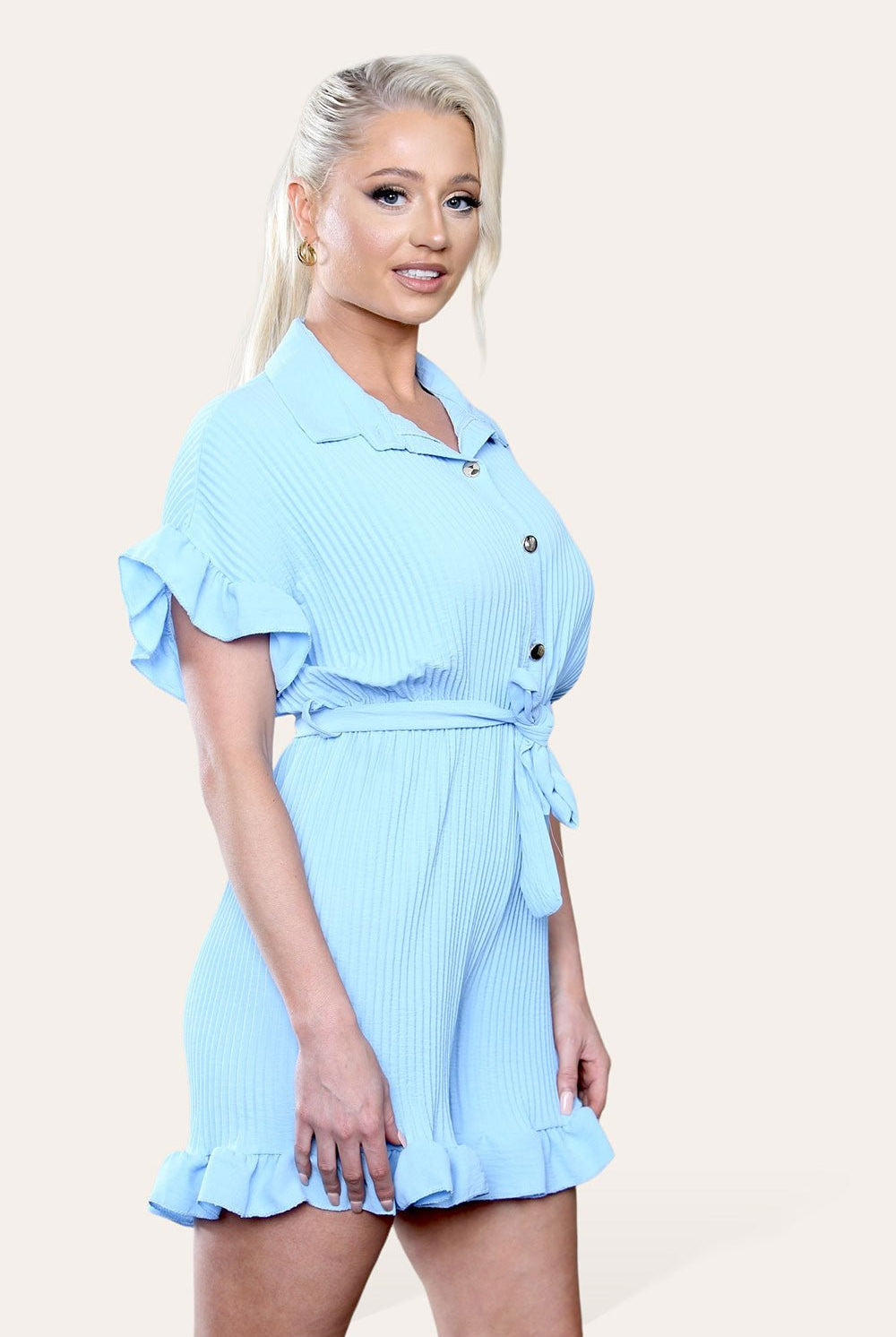 Pleated Ruffle Shirt Short Playsuit With Frill Hems Playsuits & Jumpsuits WearAll