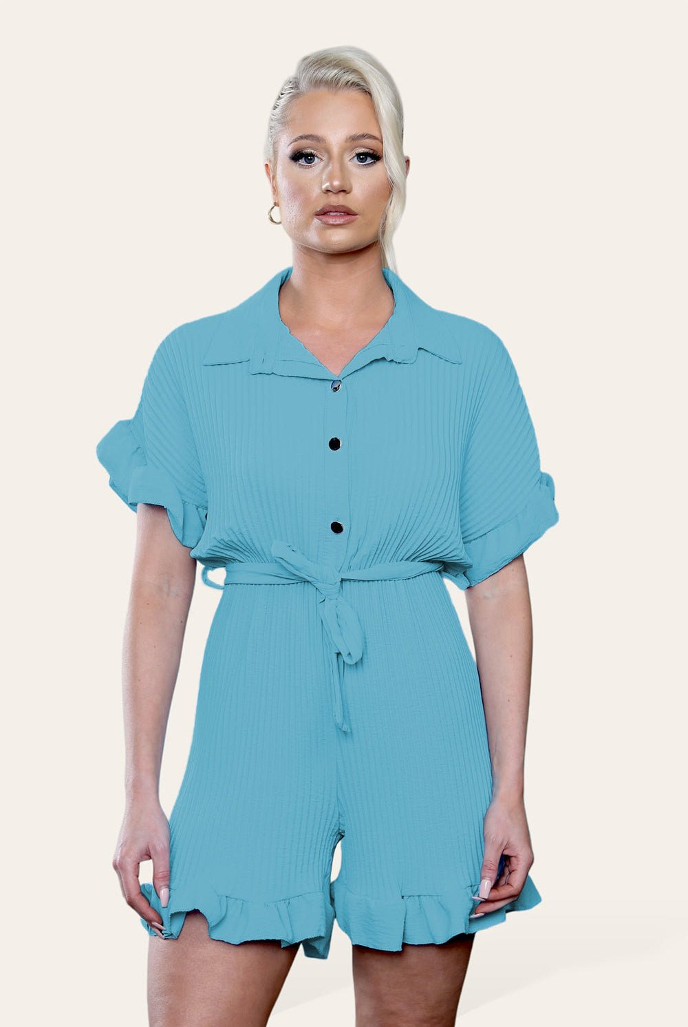 Pleated Ruffle Shirt Short Playsuit With Frill Hems Playsuits & Jumpsuits WearAll Aqua / Turquoise One Size UK Fit (8-16)