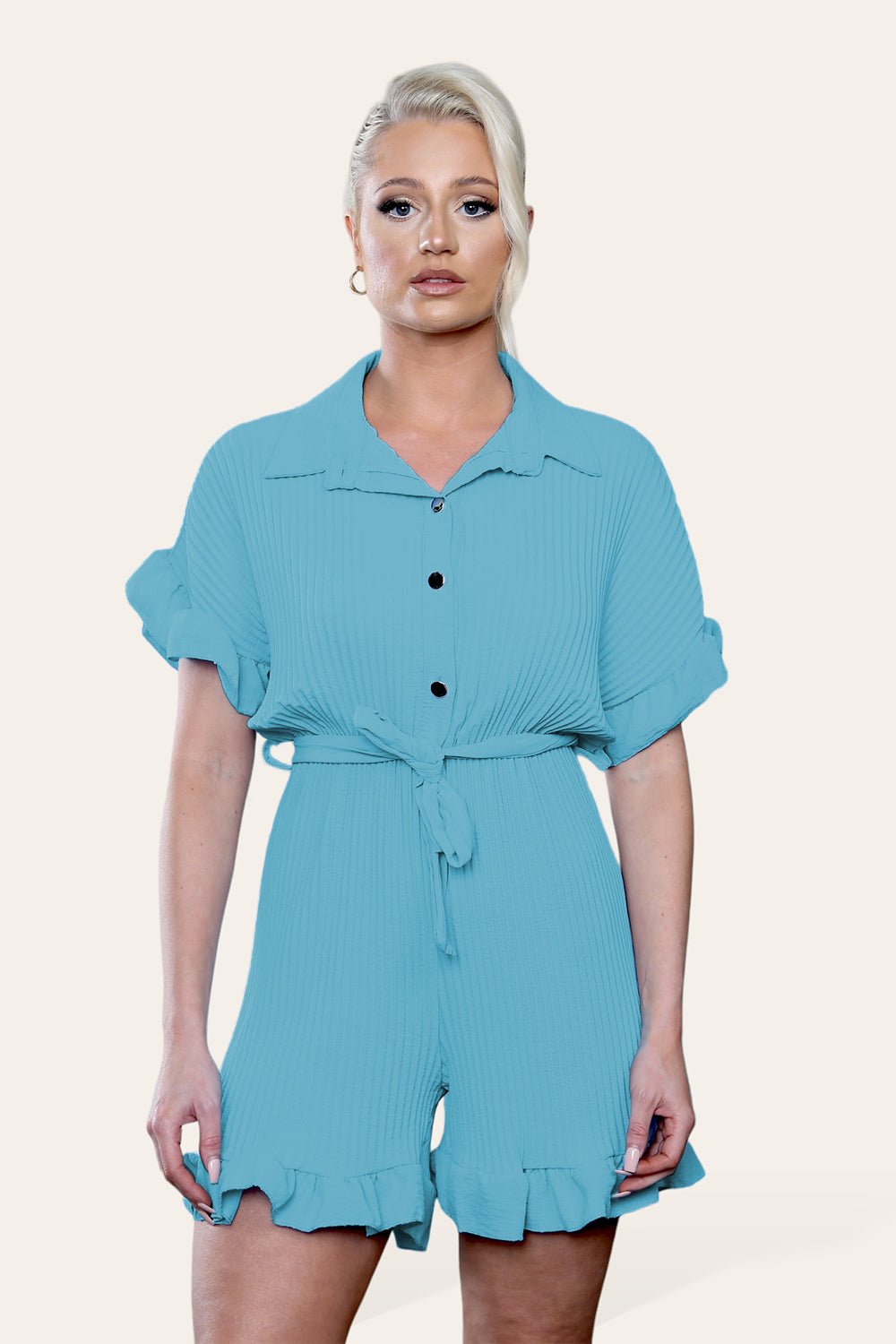 Pleated Ruffle Shirt Short Playsuit With Frill Hems Playsuits & Jumpsuits WearAll Aqua / Turquoise One Size UK Fit (8-16)
