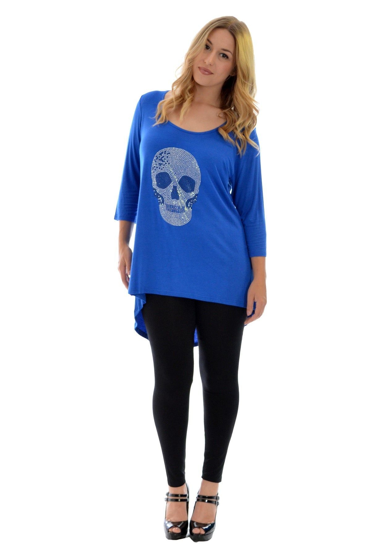 Skull Tail Back Dip Hem Scoop Top Tops WearAll