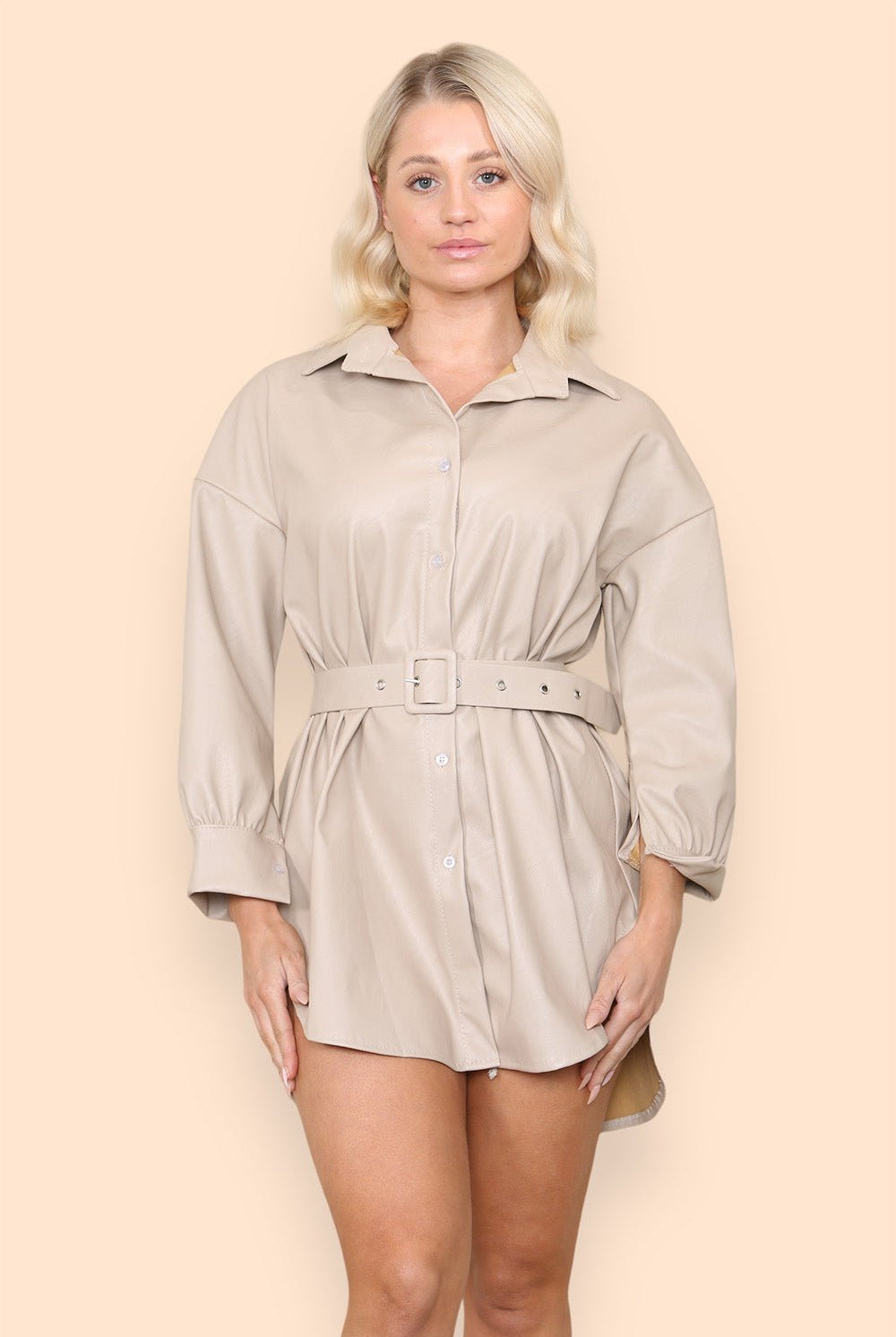 PU Faux Leather Belted Wet Look Shirt Dress Dress WearAll Beige 6-8 1