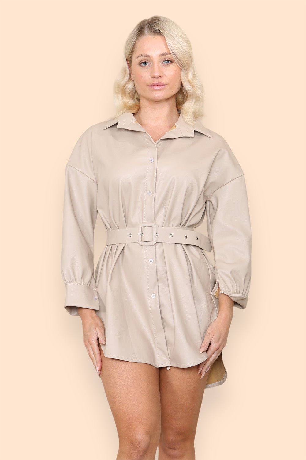 PU Faux Leather Belted Wet Look Shirt Dress Dress WearAll Beige 6-8 1