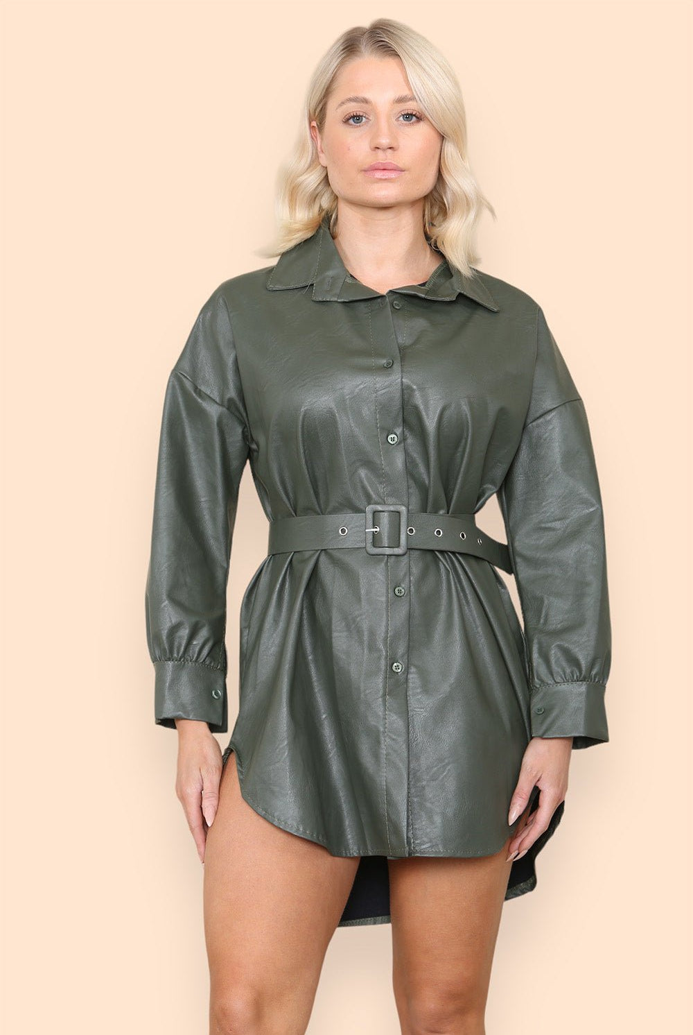 PU Faux Leather Belted Wet Look Shirt Dress Dress WearAll