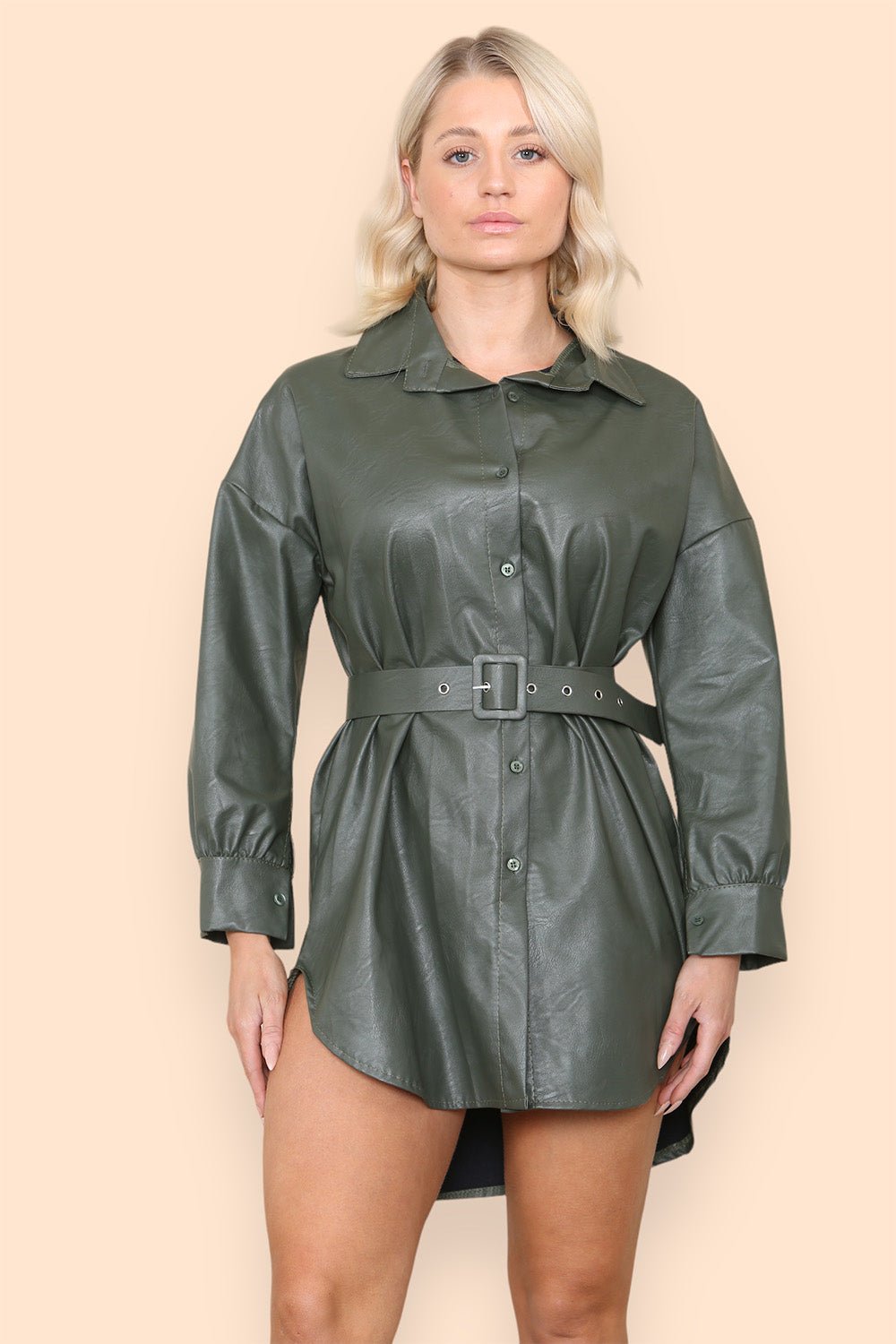 PU Faux Leather Belted Wet Look Shirt Dress Dress WearAll
