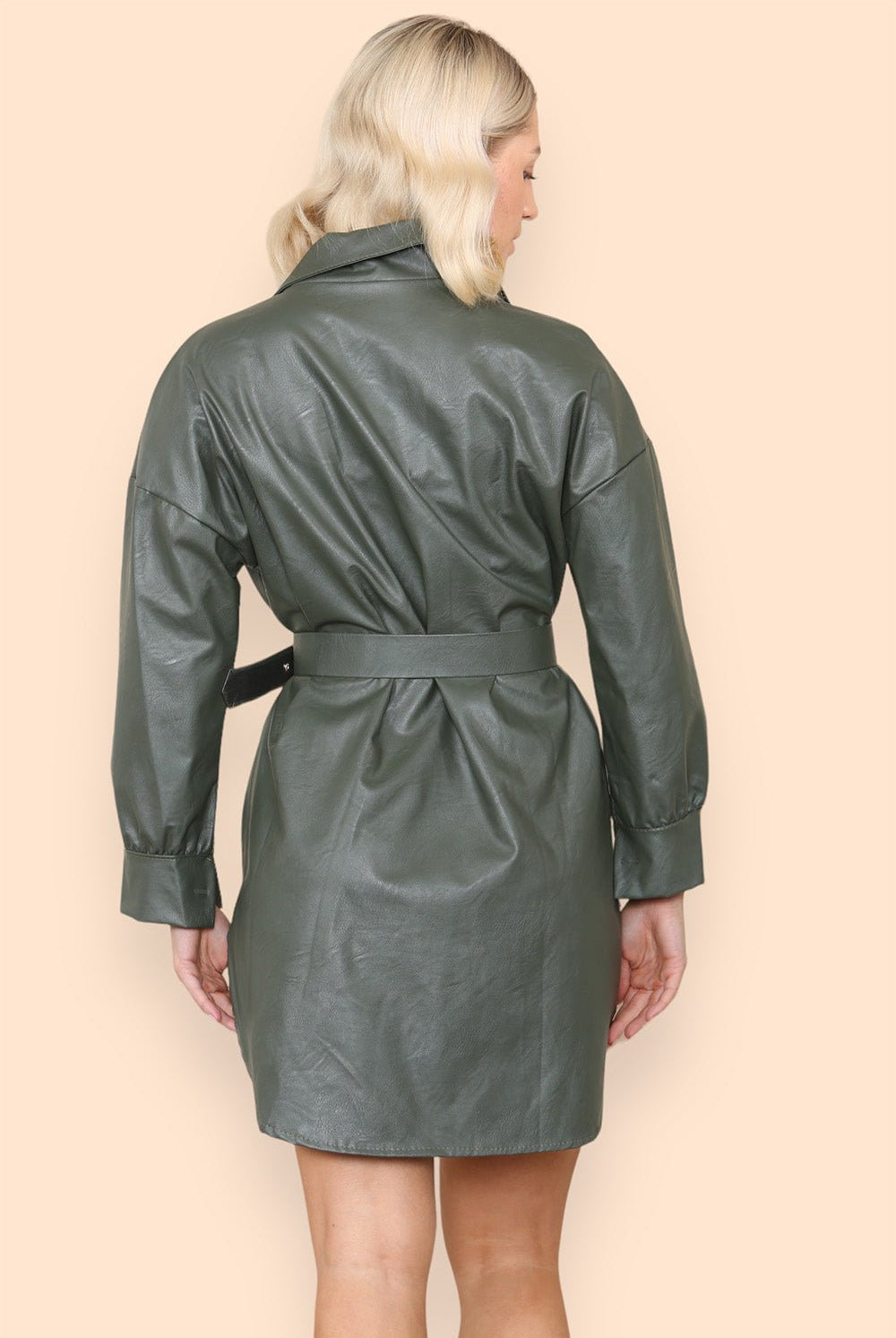 PU Faux Leather Belted Wet Look Shirt Dress Dress WearAll