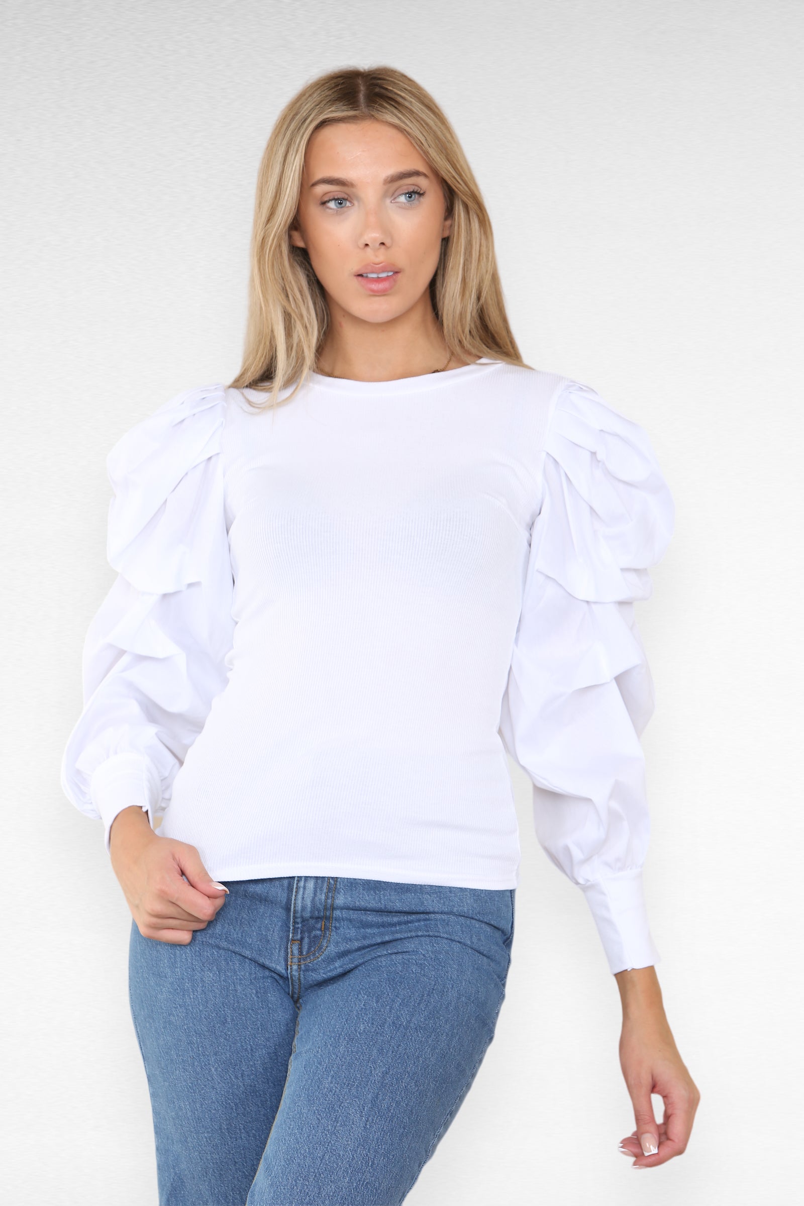 Oversized Puff Sleeves Ribbed Top Top & Bodysuit WearAll