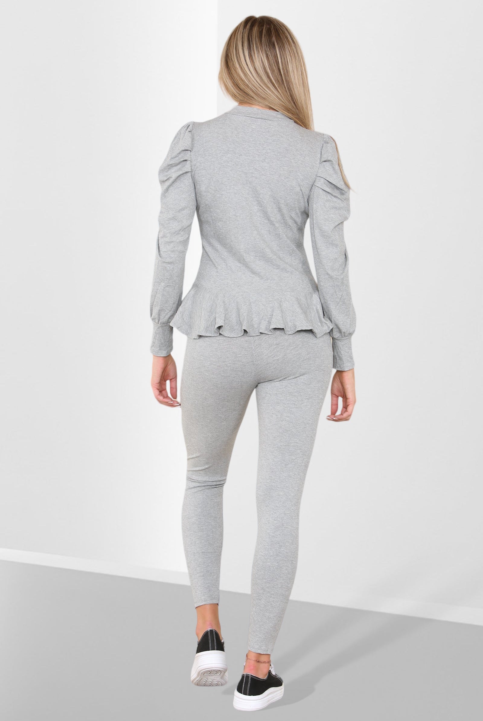 Puff Sleeves Set Frill Hem Peplum Ribbed Lounge Wear Suit Loungewear WearAll