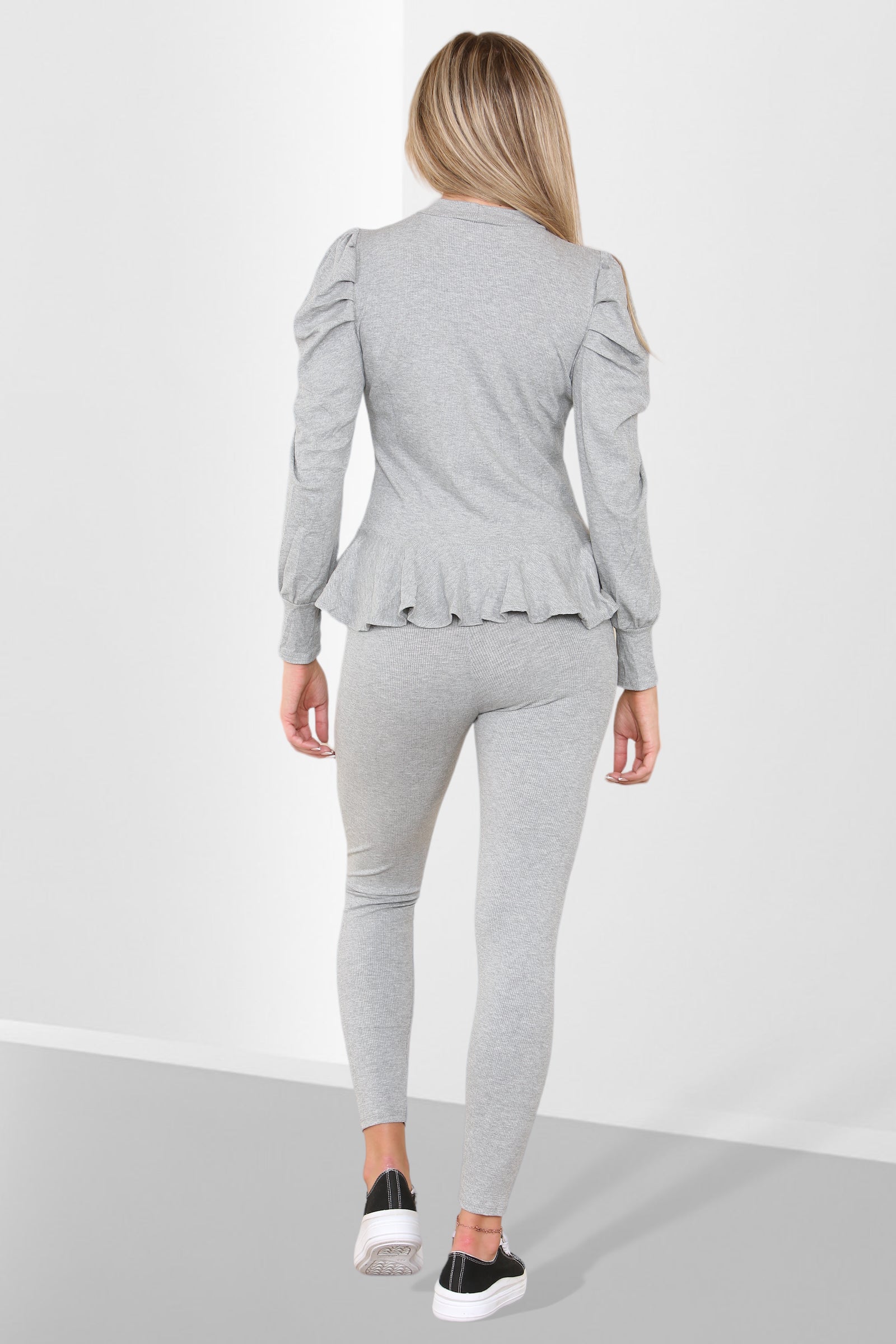 Puff Sleeves Set Frill Hem Peplum Ribbed Lounge Wear Suit Loungewear WearAll