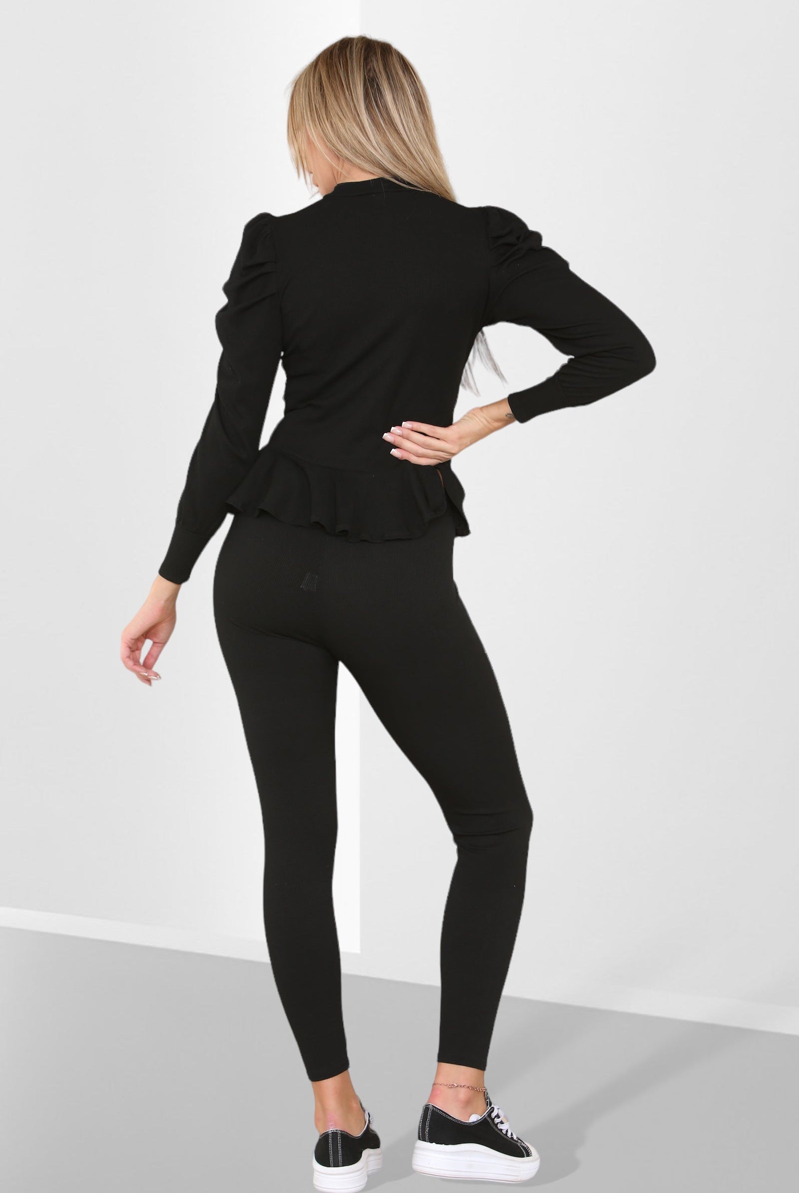 Puff Sleeves Set Frill Hem Peplum Ribbed Lounge Wear Suit Loungewear WearAll