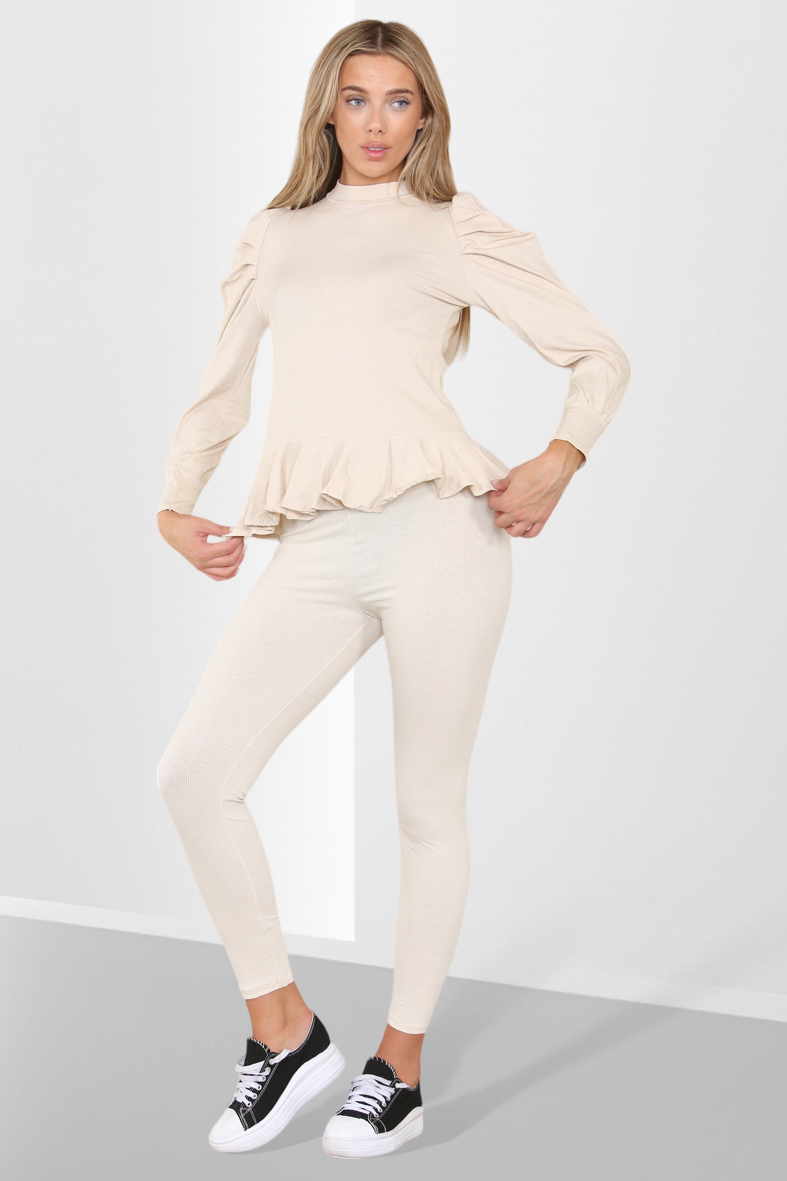 Puff Sleeves Set Frill Hem Peplum Ribbed Lounge Wear Suit Loungewear WearAll