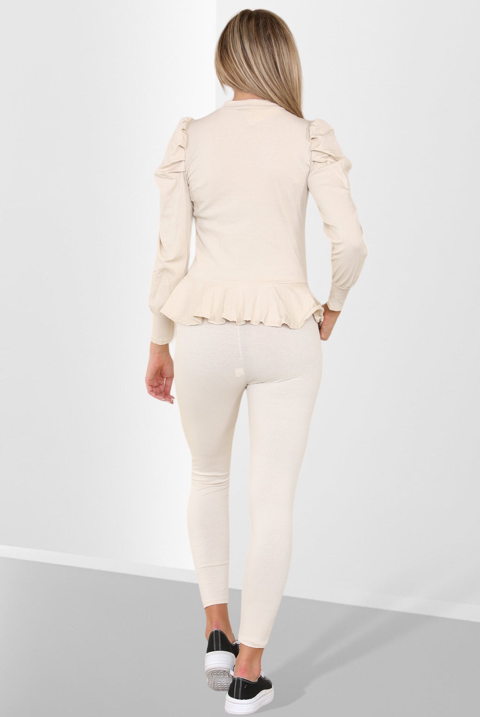 Puff Sleeves Set Frill Hem Peplum Ribbed Lounge Wear Suit Loungewear WearAll