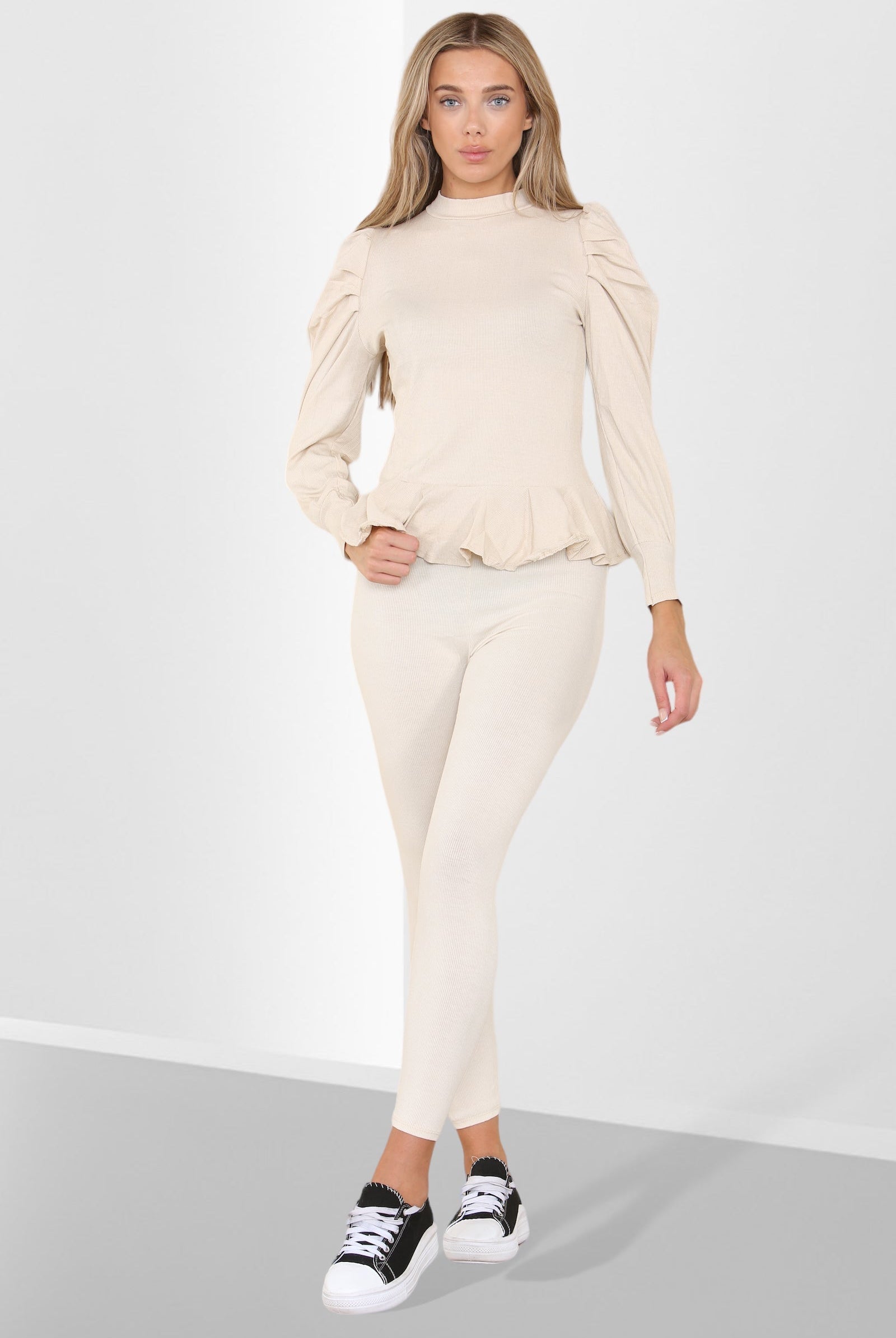 Puff Sleeves Set Frill Hem Peplum Ribbed Lounge Wear Suit Loungewear WearAll Beige 6-8