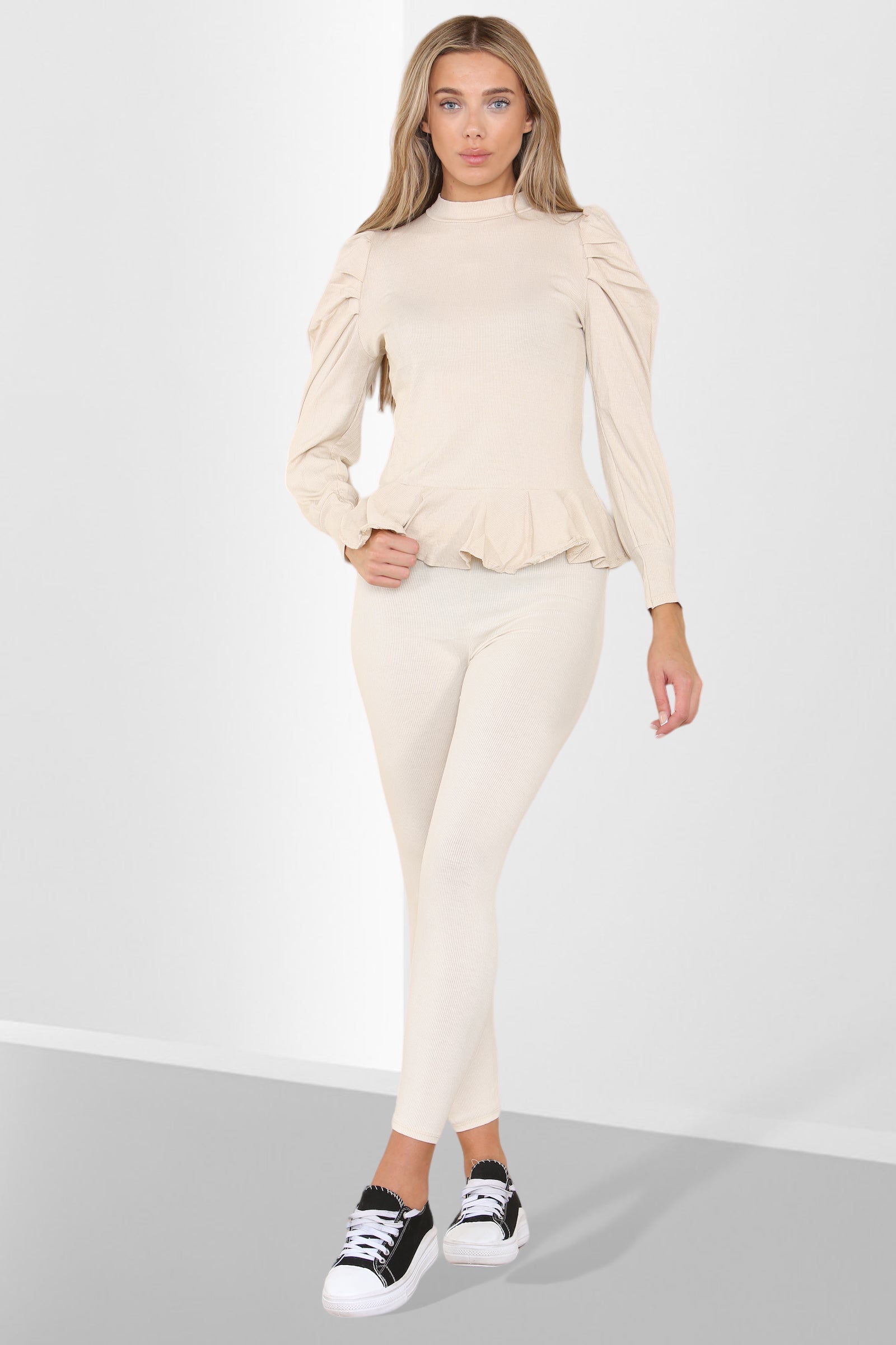 Puff Sleeves Set Frill Hem Peplum Ribbed Lounge Wear Suit Loungewear WearAll Beige 6-8