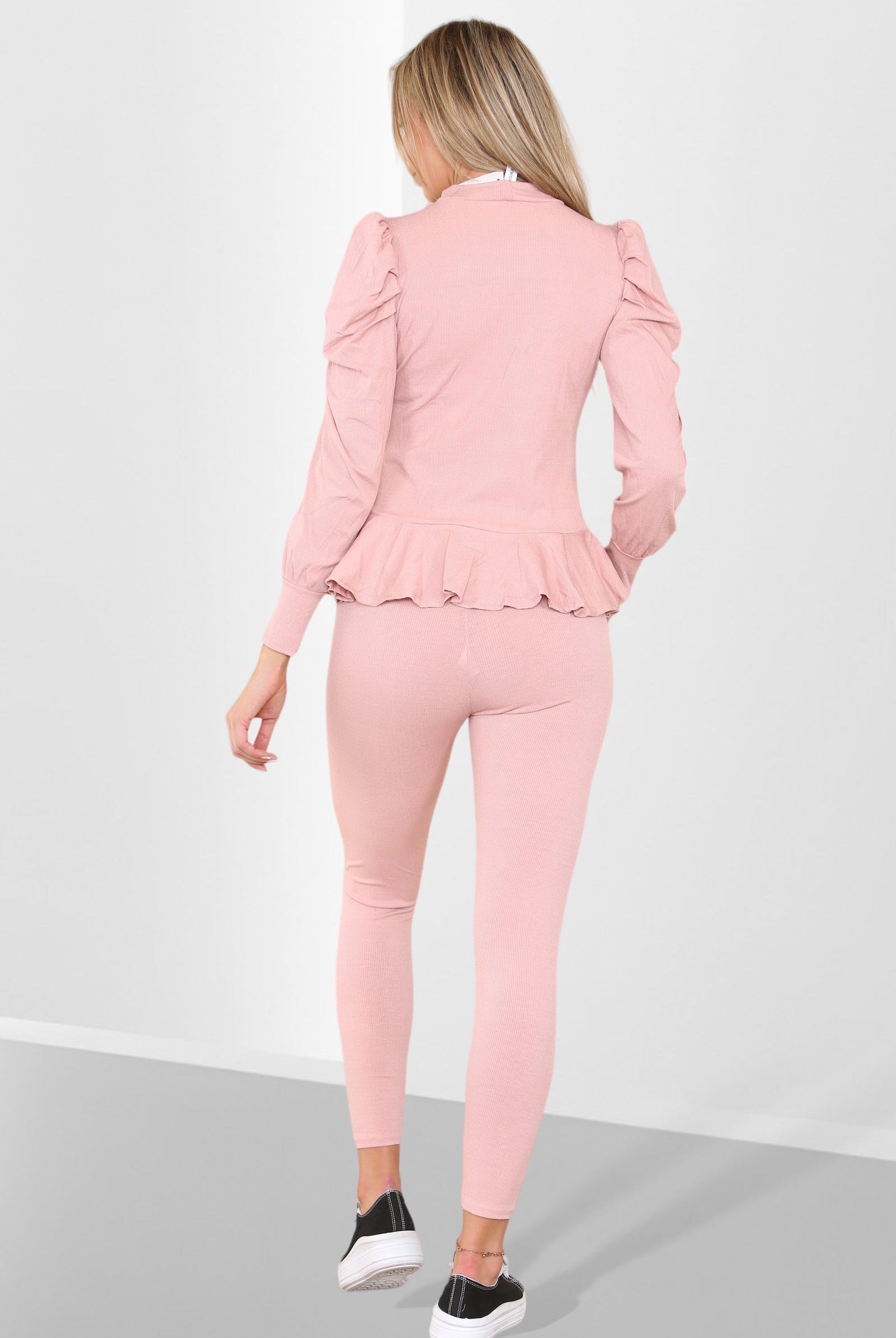 Puff Sleeves Set Frill Hem Peplum Ribbed Lounge Wear Suit Loungewear WearAll