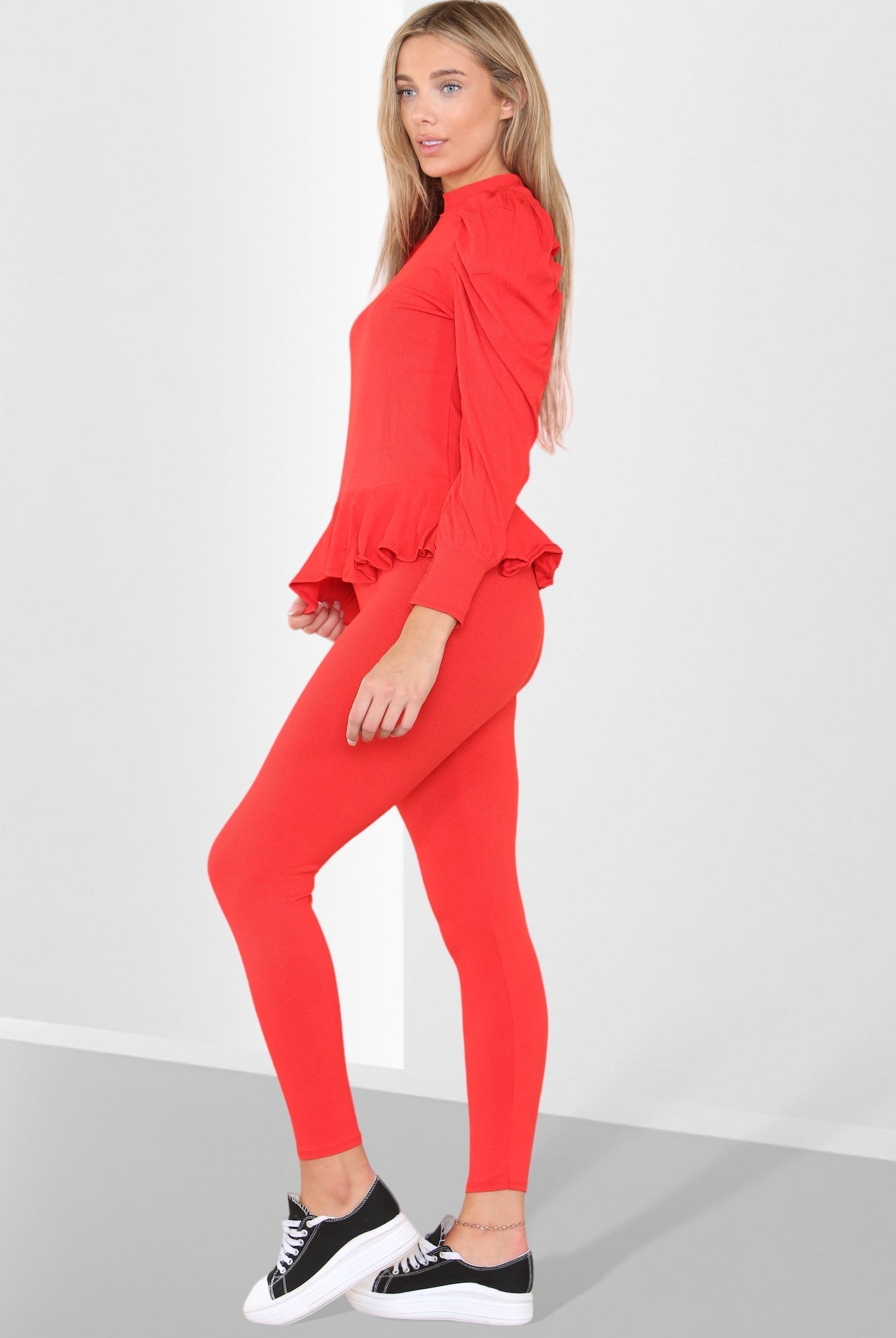 Puff Sleeves Set Frill Hem Peplum Ribbed Lounge Wear Suit Loungewear WearAll
