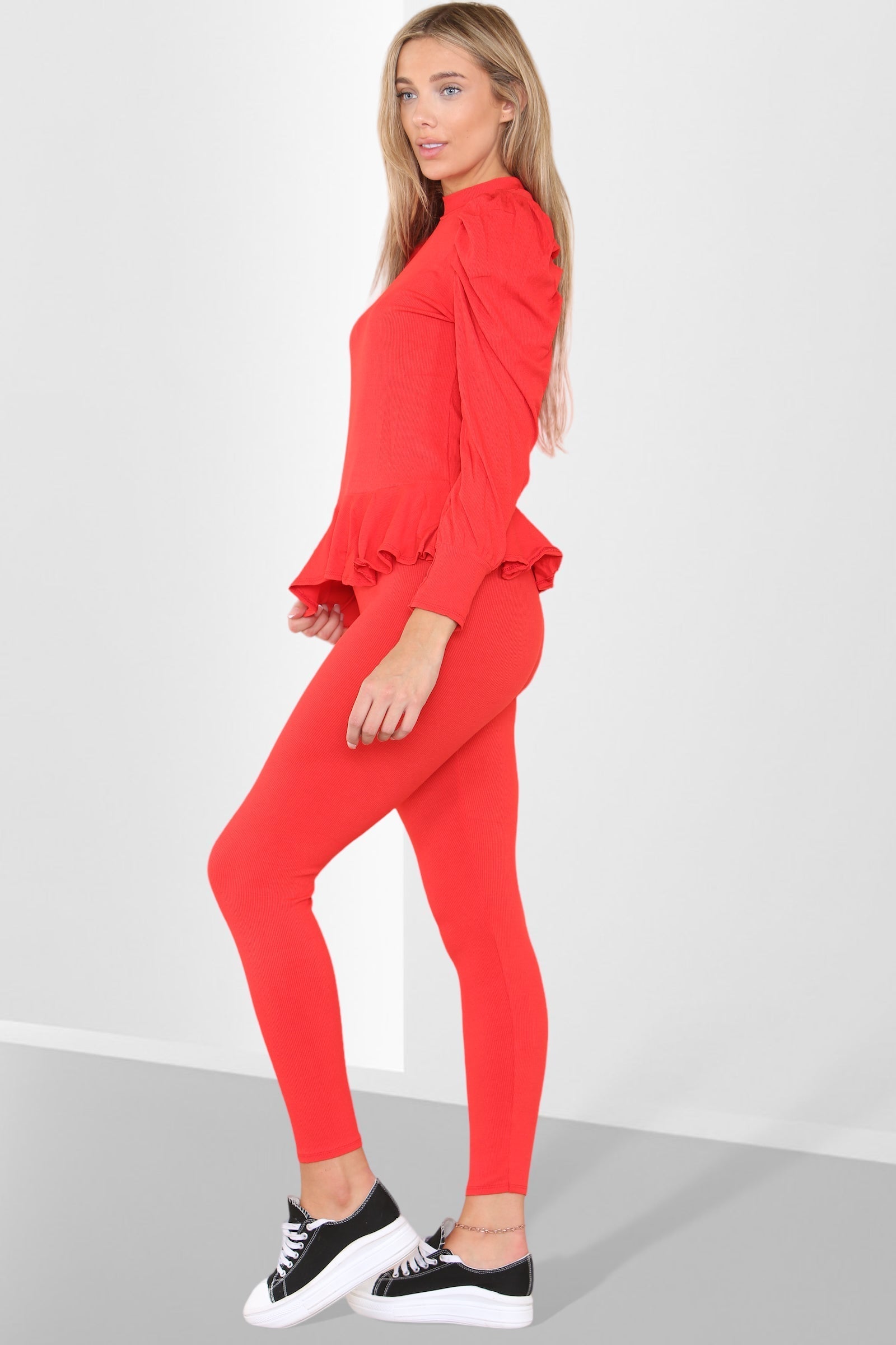 Puff Sleeves Set Frill Hem Peplum Ribbed Lounge Wear Suit Loungewear WearAll