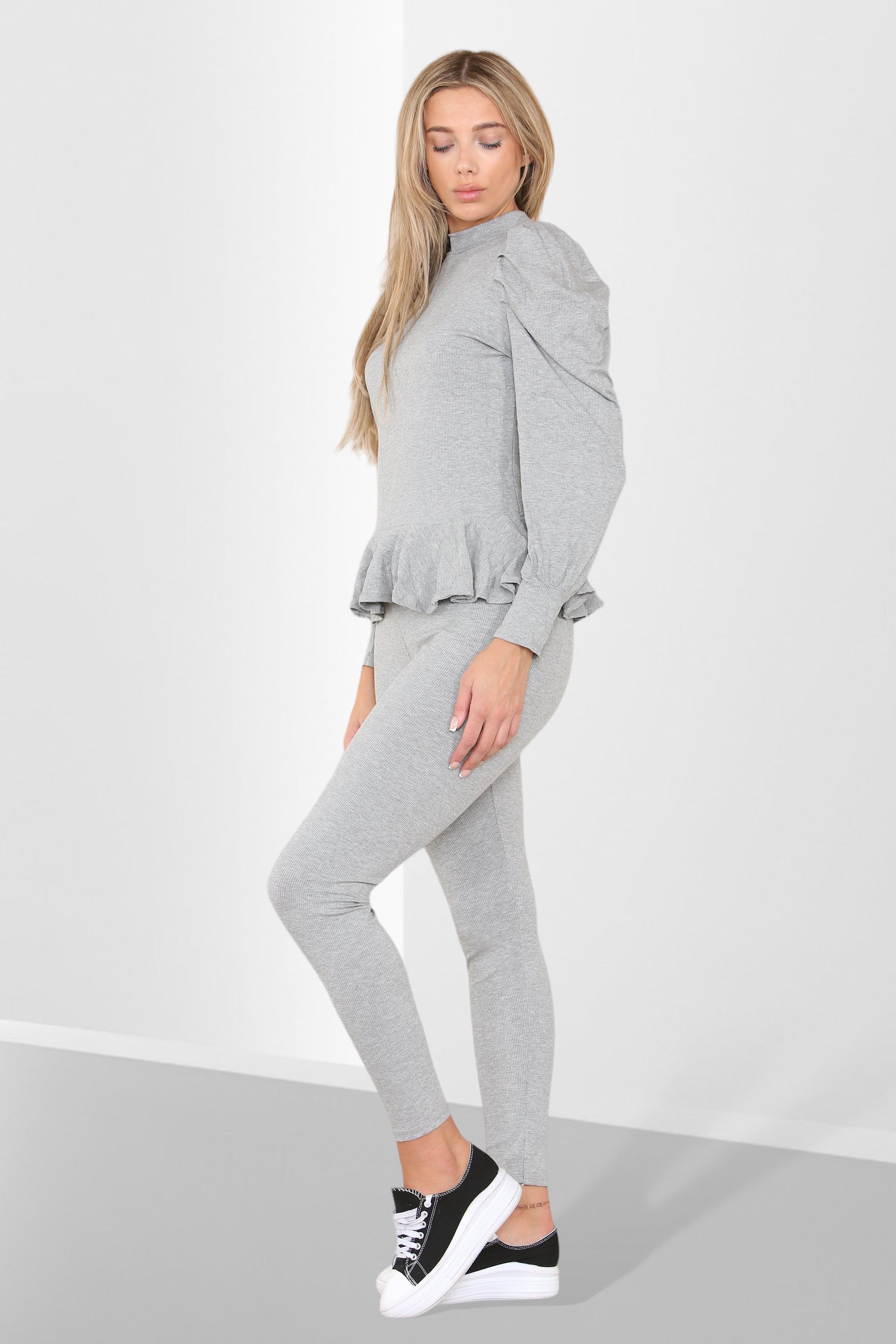 Puff Sleeves Set Frill Hem Peplum Ribbed Lounge Wear Suit Loungewear WearAll