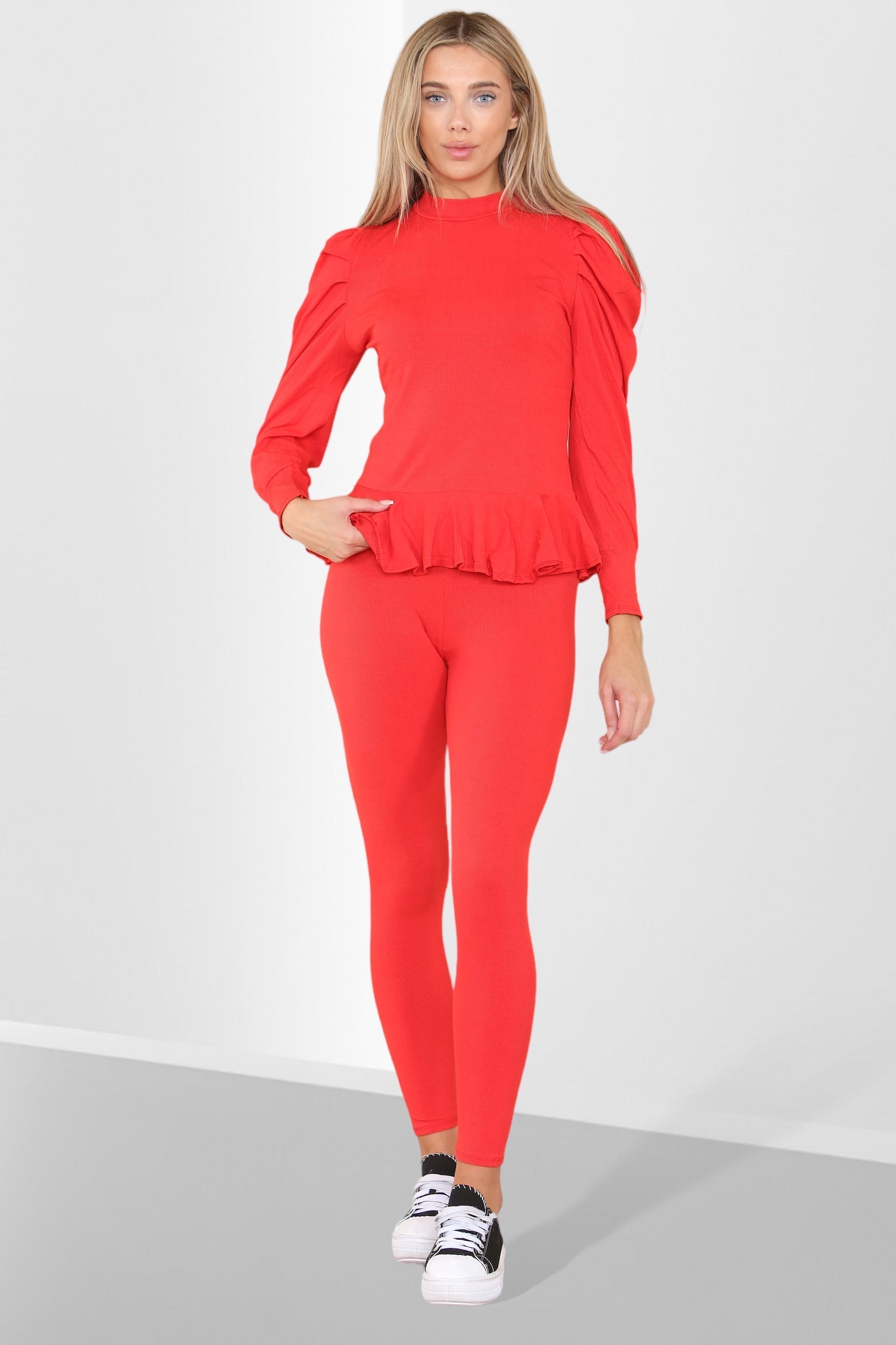 Puff Sleeves Set Frill Hem Peplum Ribbed Lounge Wear Suit Loungewear WearAll Red 6-8