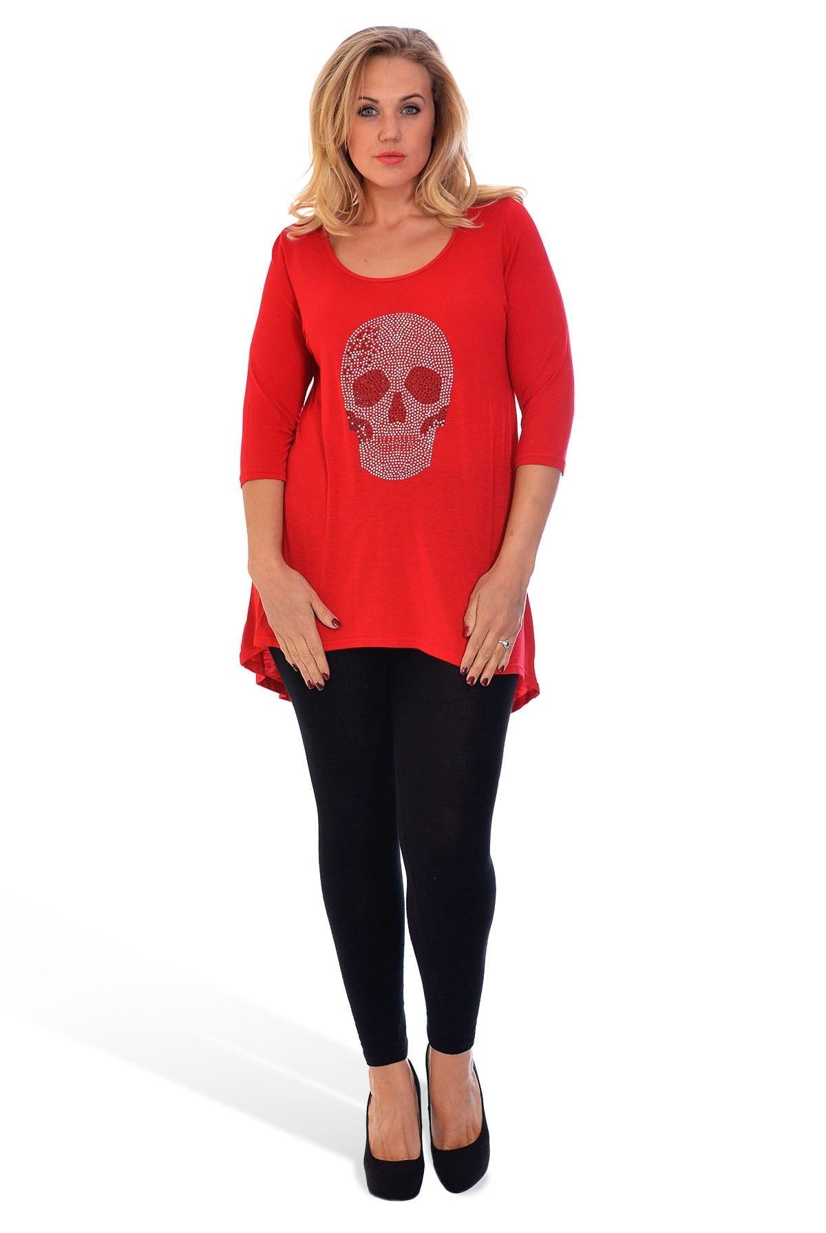 Skull Tail Back Dip Hem Scoop Top Tops WearAll