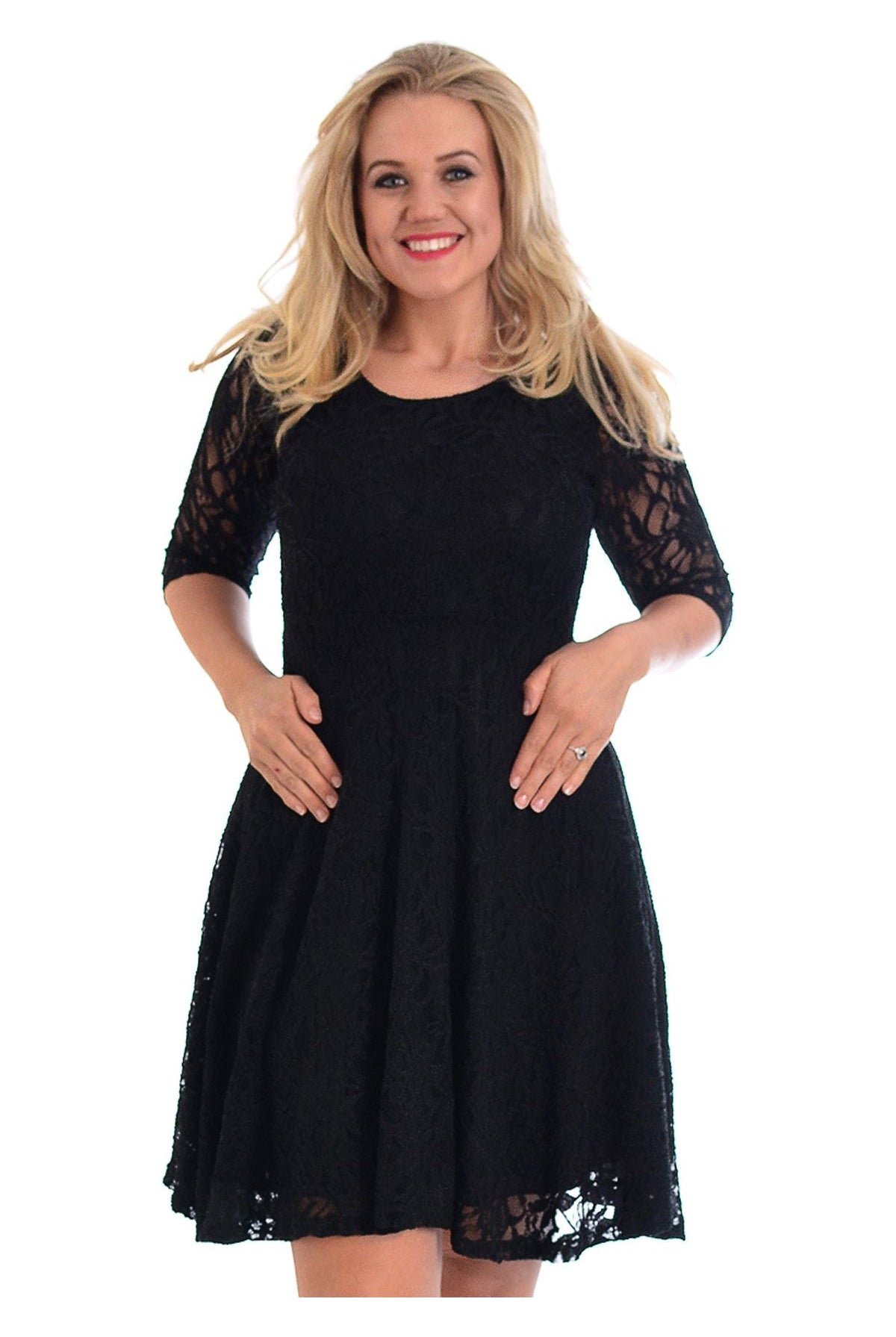 Plus size 3/4 Sleeve Ladies Skater Dress Dress WearAll Black 14
