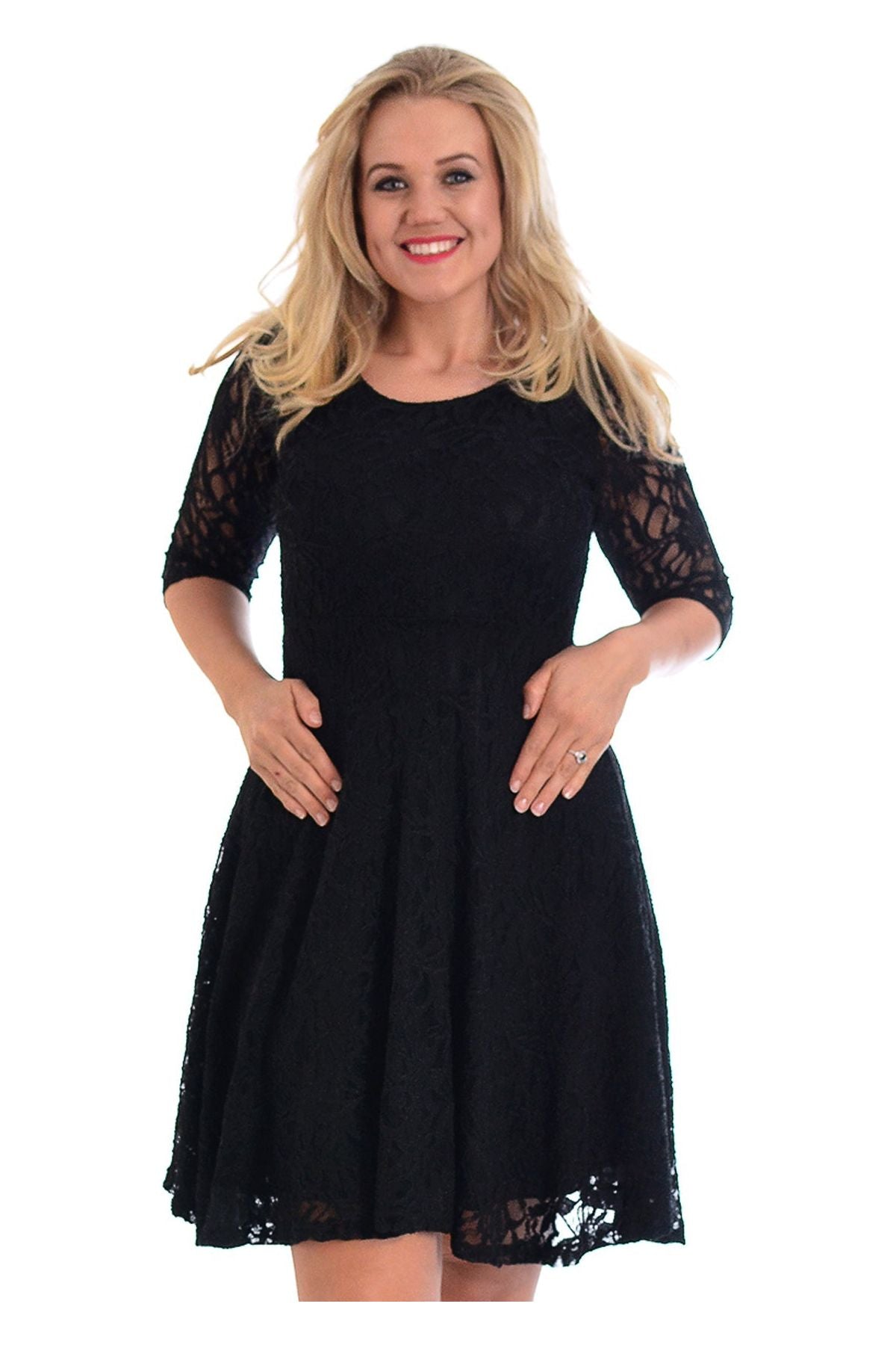 Plus size 3/4 Sleeve Ladies Skater Dress Dress WearAll Black 14